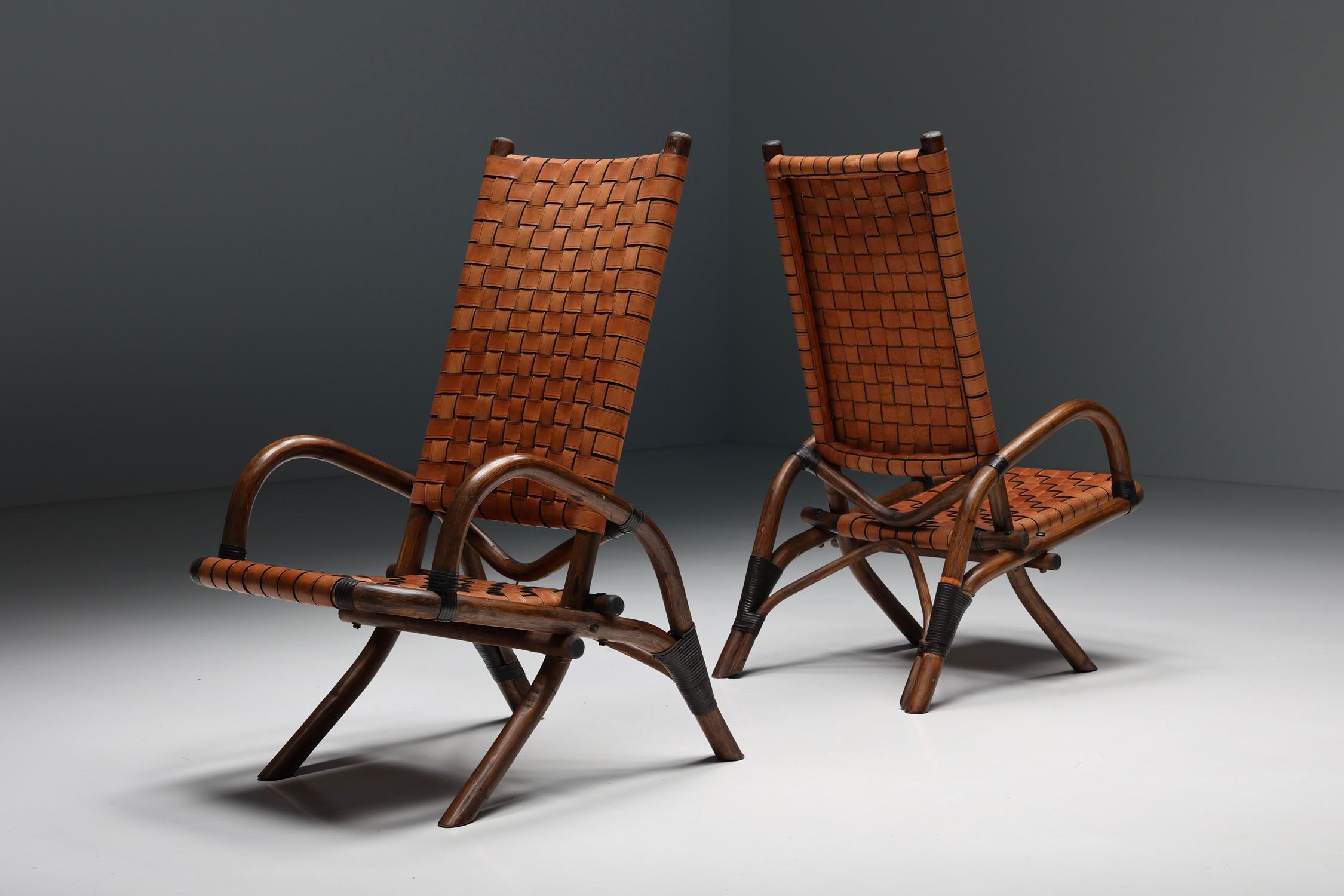 French Pair of Rustic Woven Leather Bamboo Armchairs, Mid-Century Modern, France, 1950s