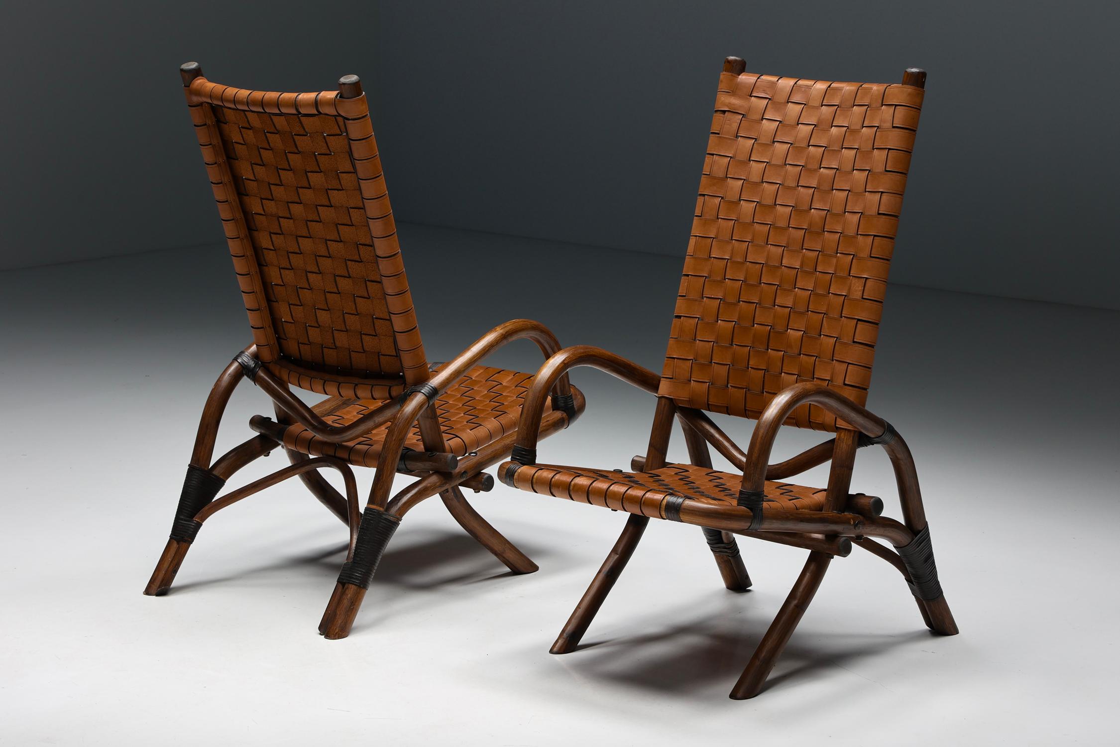 Pair of Rustic Woven Leather Bamboo Armchairs, Mid-Century Modern, France, 1950s In Excellent Condition In Antwerp, BE