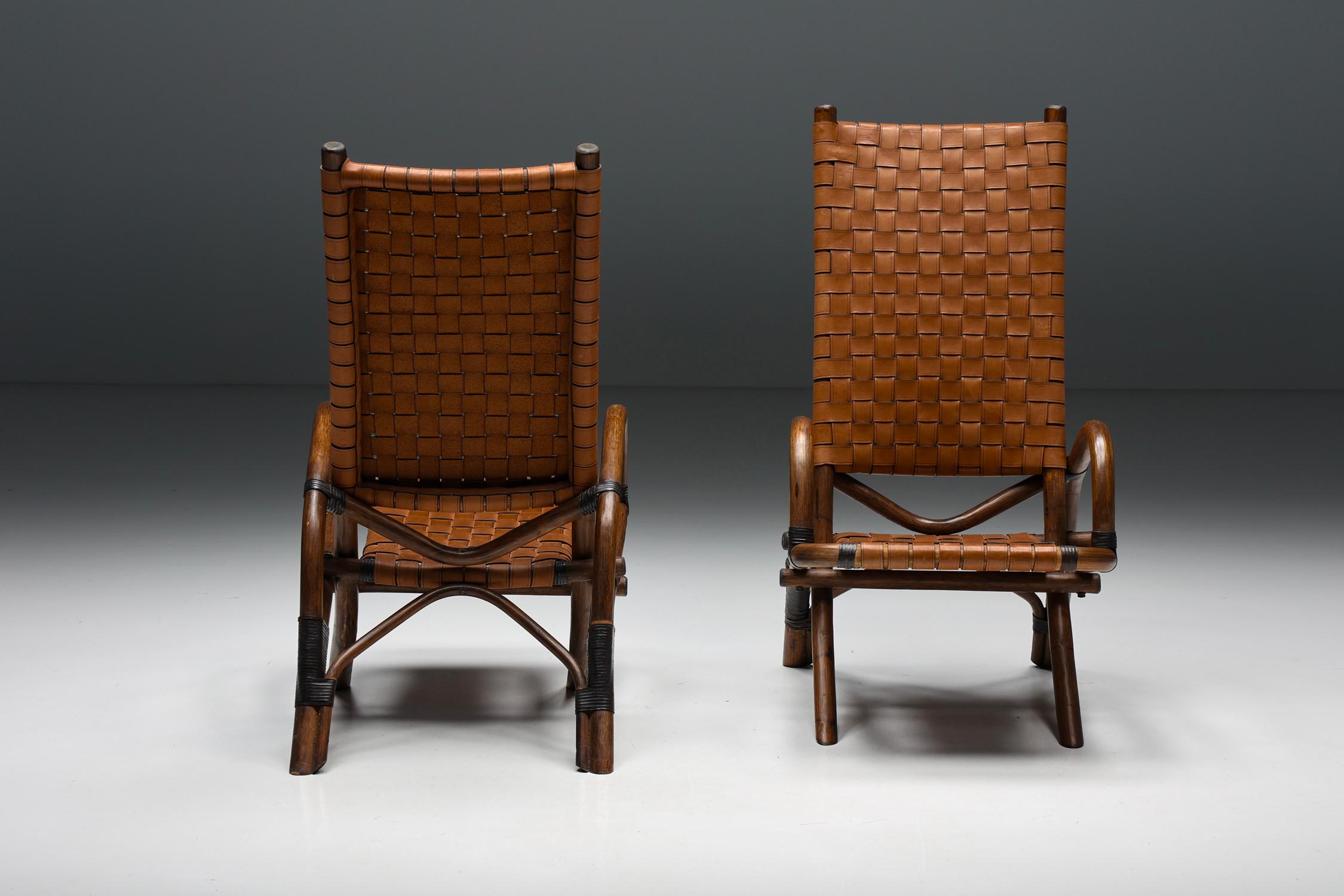 Pair of Rustic Woven Leather Bamboo Armchairs, Mid-Century Modern, France, 1950s 1