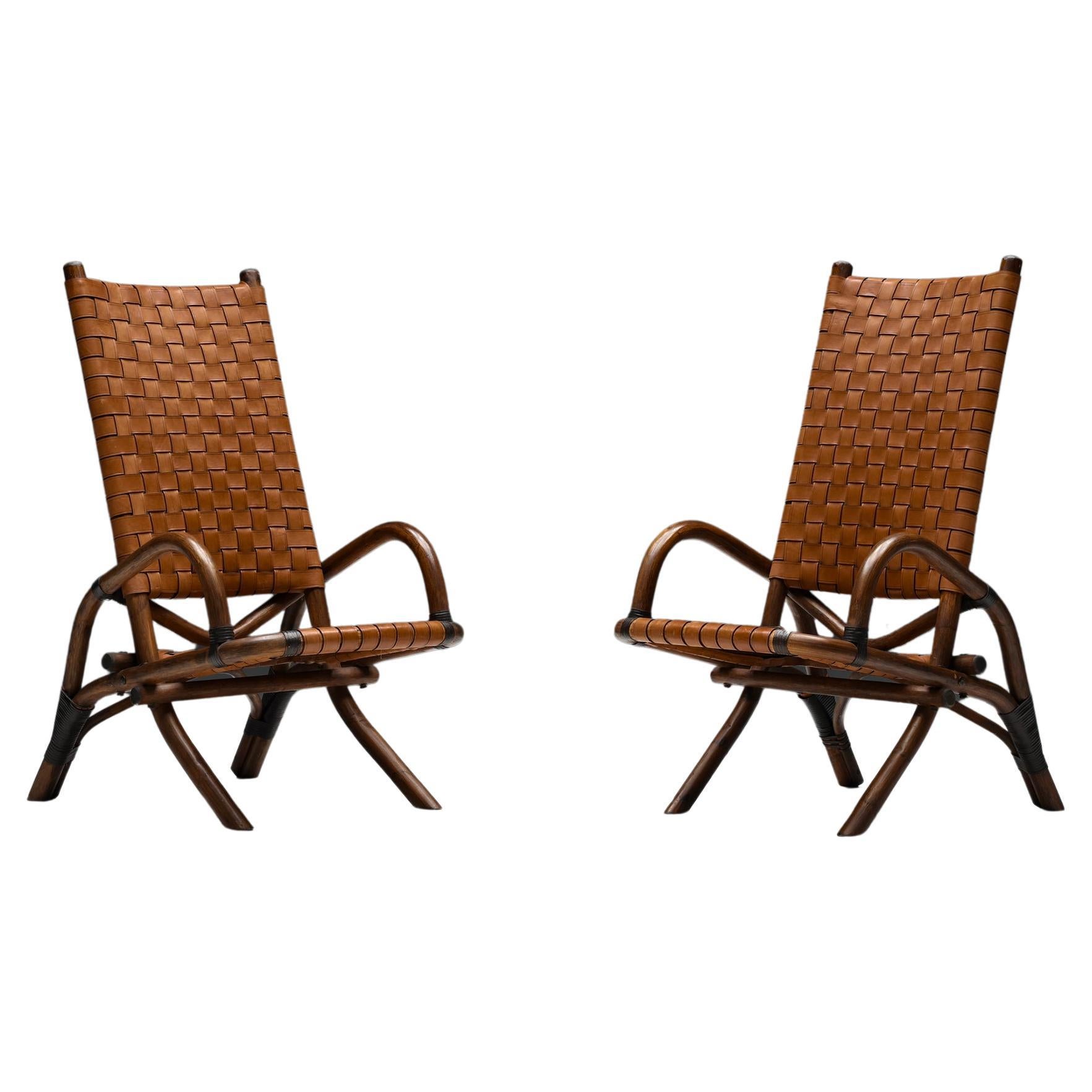 Pair of Rustic Woven Leather Bamboo Armchairs, Mid-Century Modern, France, 1950s