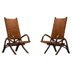 Pair of Rustic Woven Leather Bamboo Armchairs, Mid-Century Modern, France, 1950s