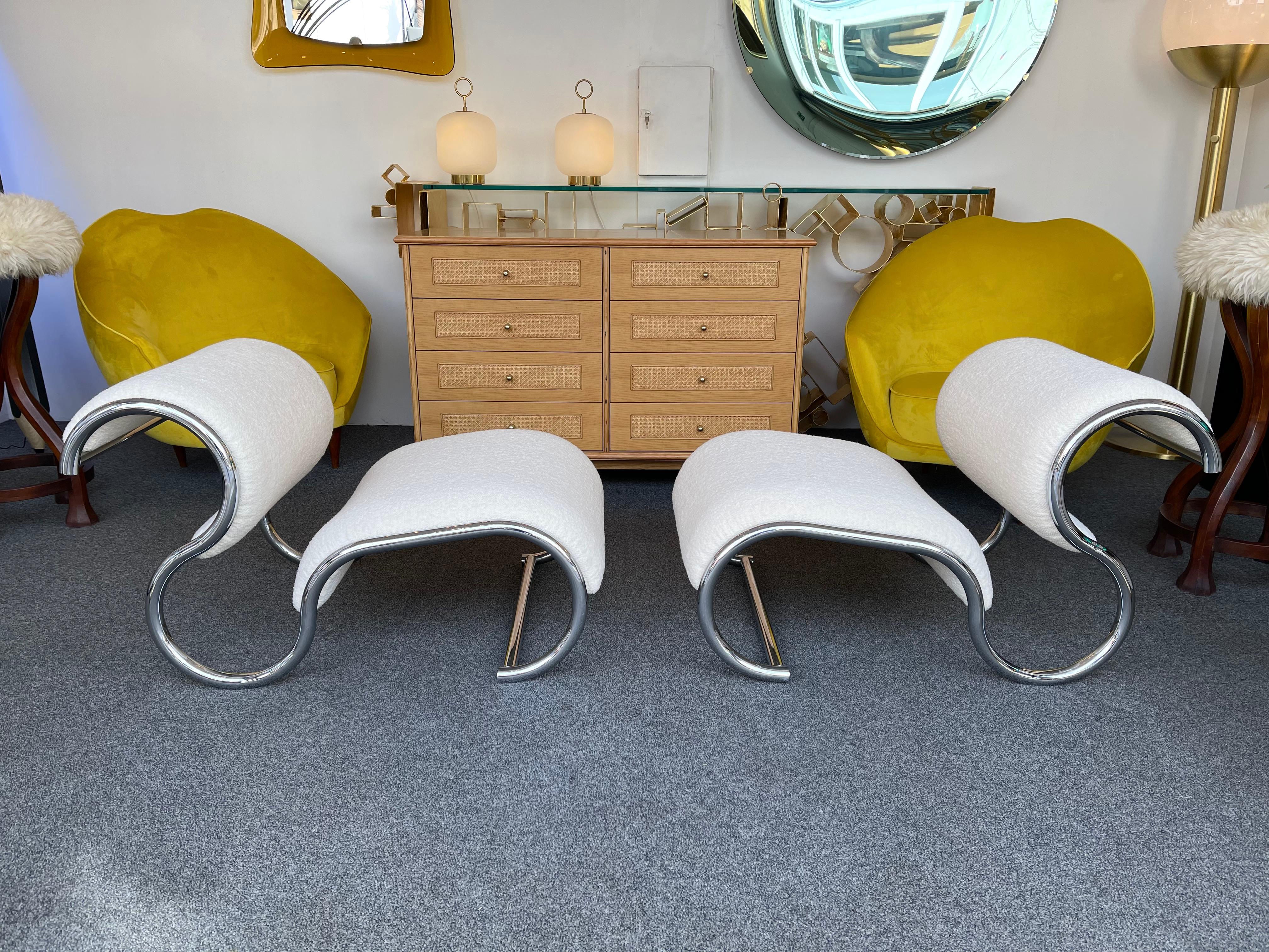 Pair of S Slipper Chairs Metal and Bouclé Fabric by IFF, Italy, 1970s 7