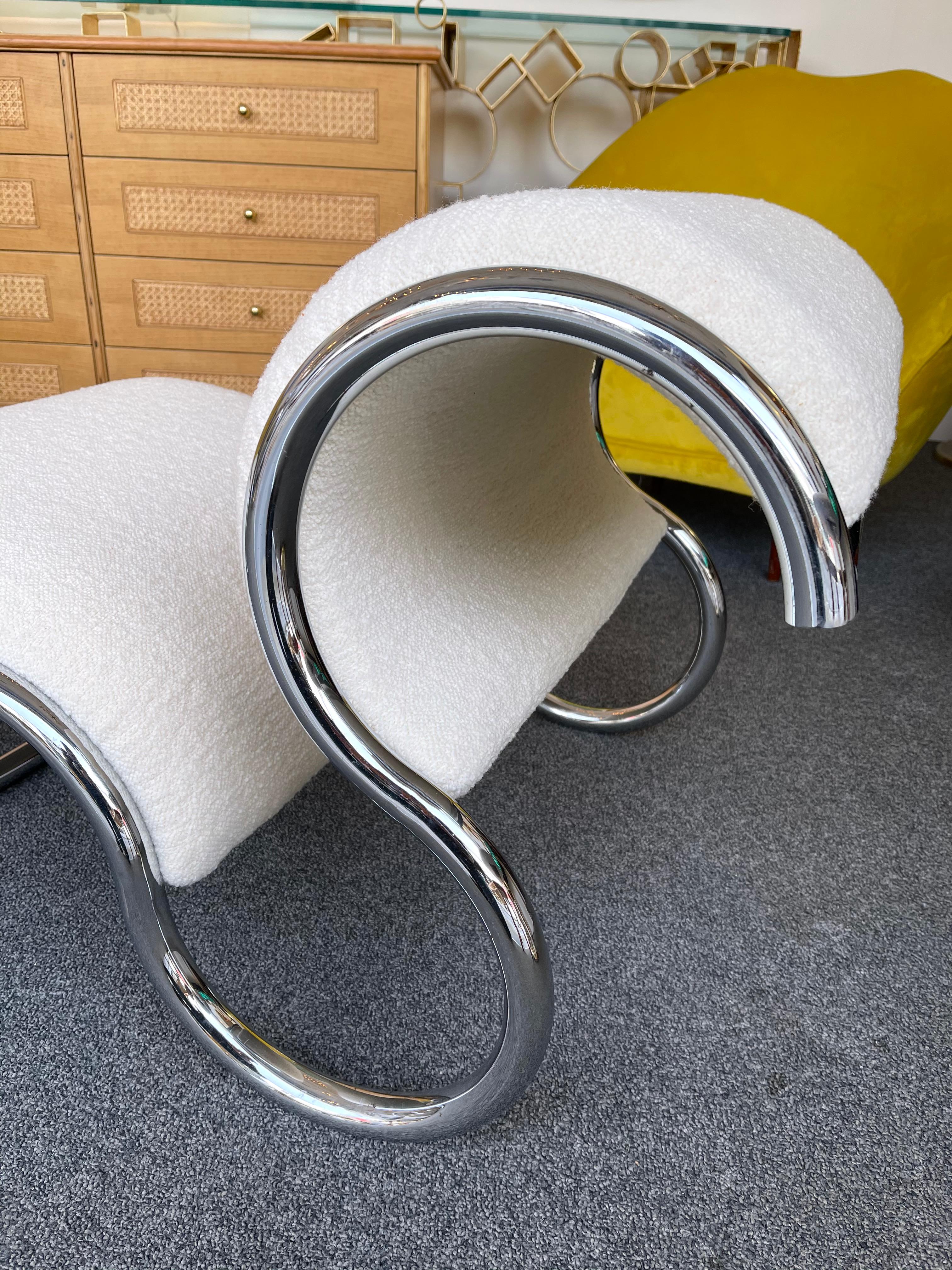 Space Age Pair of S Slipper Chairs Metal and Bouclé Fabric by IFF, Italy, 1970s