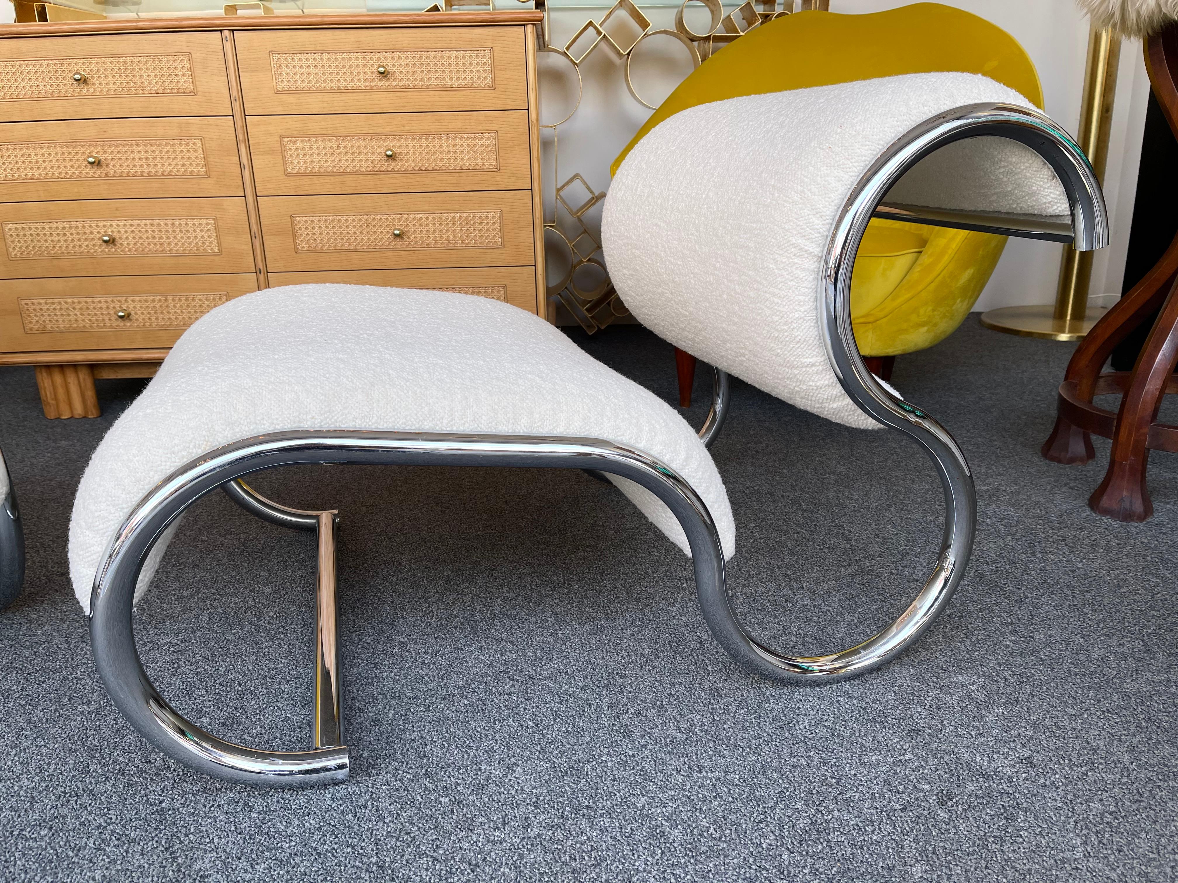 Pair of S Slipper Chairs Metal and Bouclé Fabric by IFF, Italy, 1970s In Good Condition In SAINT-OUEN, FR