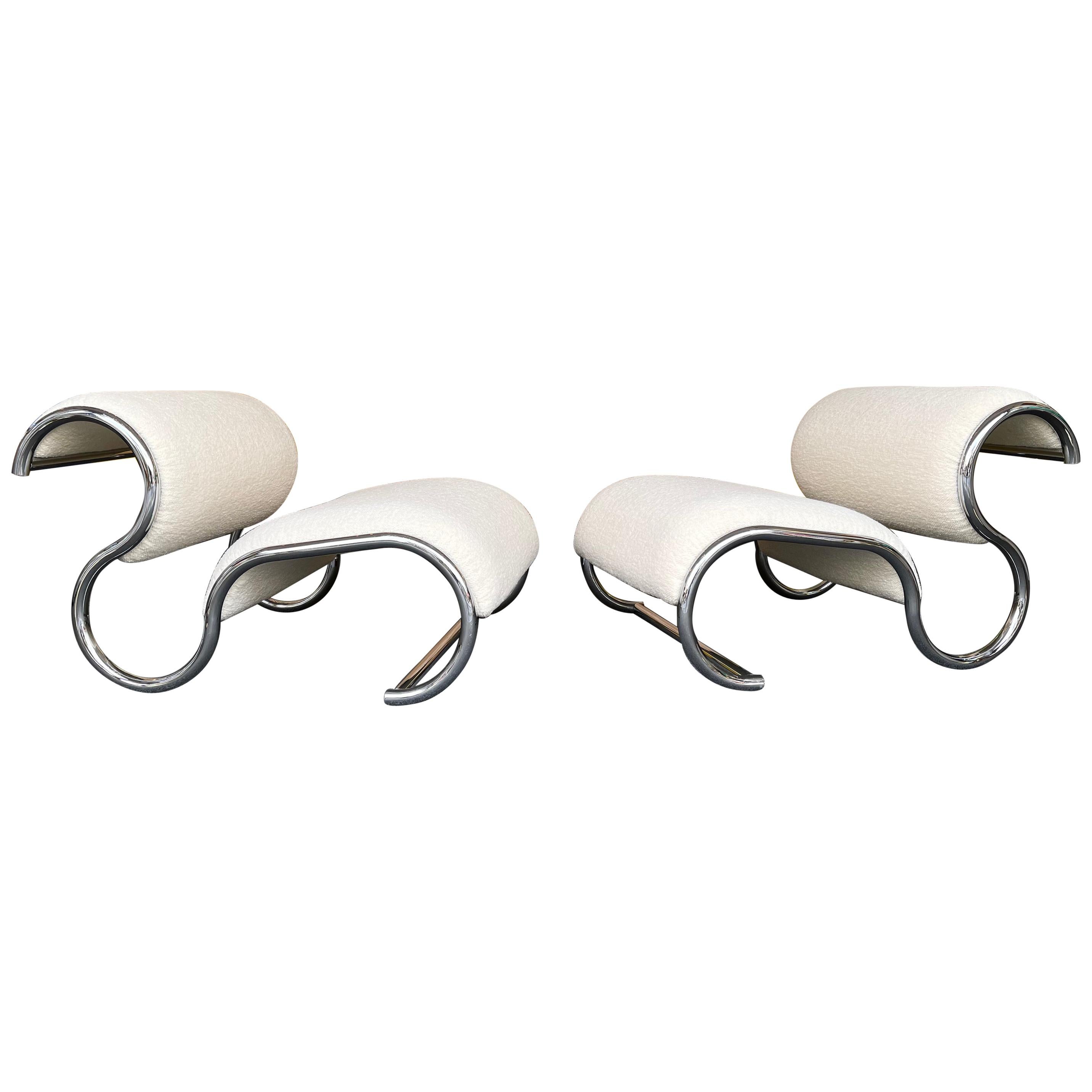 Pair of S Slipper Chairs Metal and Bouclé Fabric by IFF, Italy, 1970s