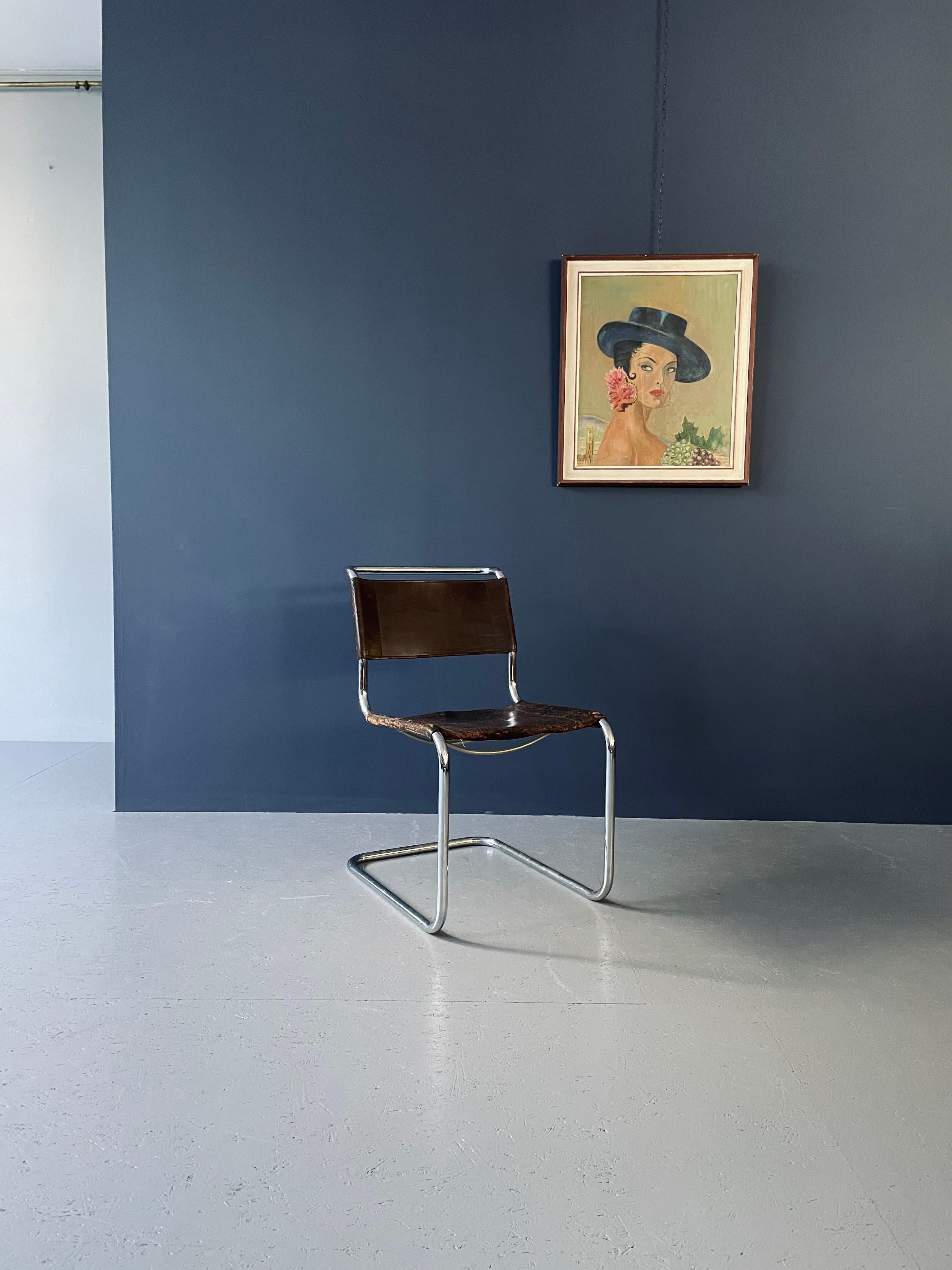 Produced by Thonet these 2 chairs with chromed tubular frames and leather are classics in the design world!
Both of these pieces show heavy signs of wear and tear, however this does not not in any way hinder the design aesthetic nor the seating