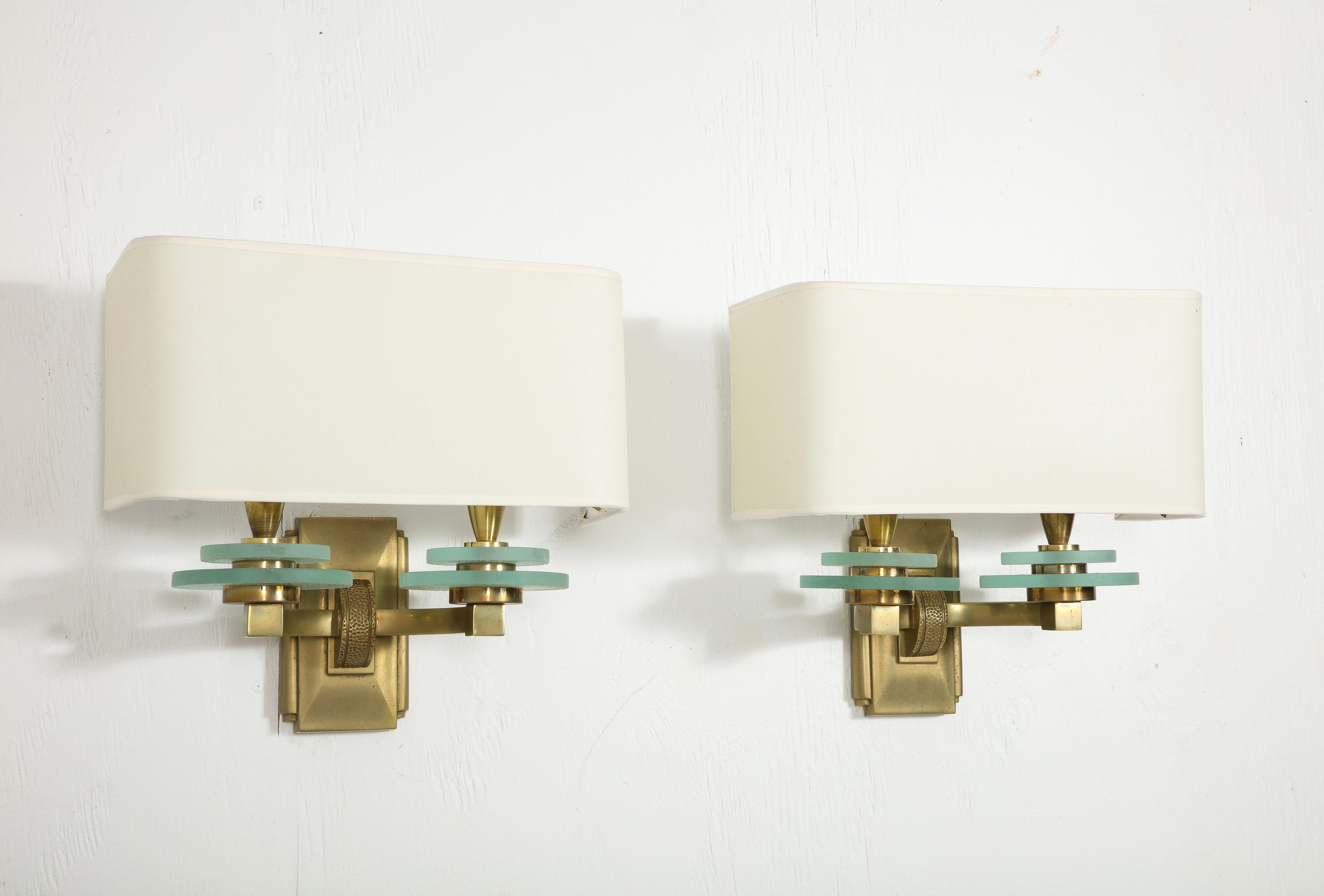 20th Century Pair of Sabino Bronze & Glass Sconces, France 1940's For Sale