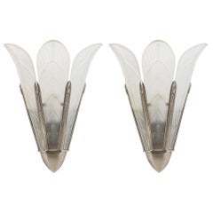Pair of Sabino French Art Deco Frost Glass 3 Panel Wall Sconce Pair of Sabino French Art Deco Frost Glass 3 Panel Wall Sconce