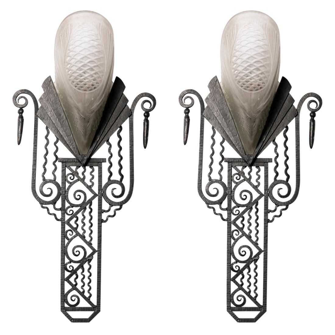 Pair of Sabino Glass and Wrought Iron Sconces, France, circa 1930
