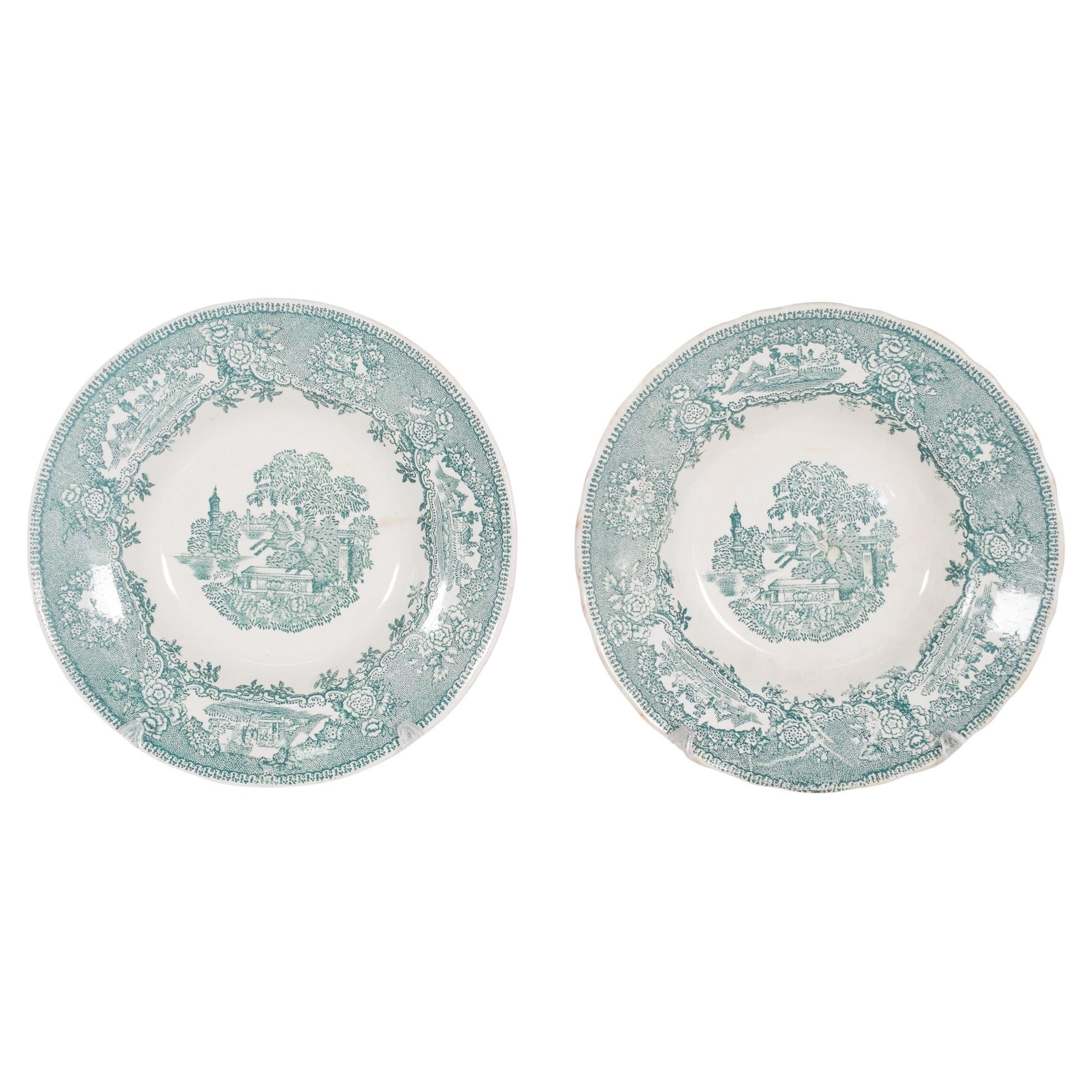 Pair of Sacavém Faience Plates ‘Statue, Little Horse’, Portugal