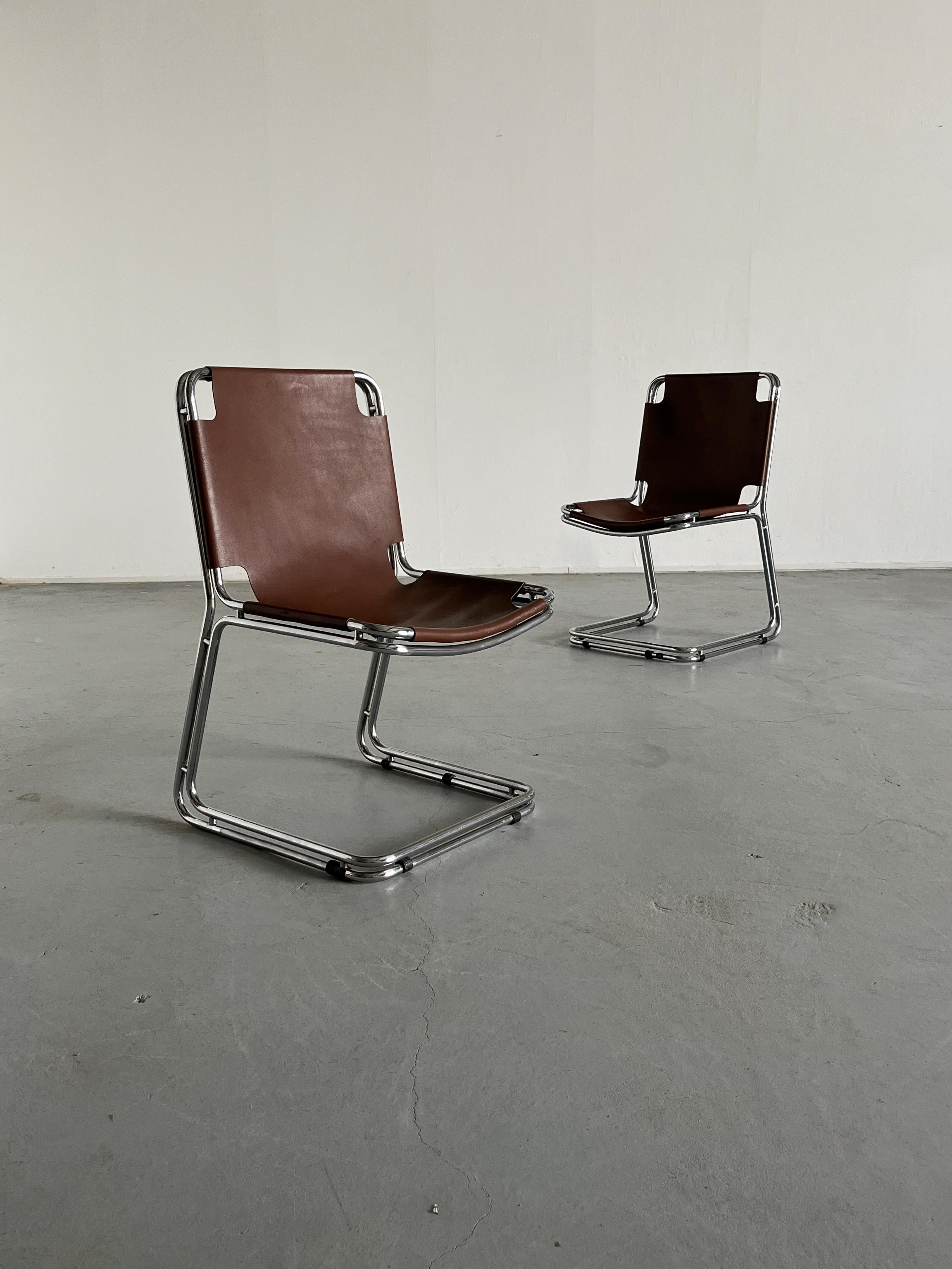 Italian Pair of Saddle Leather and Chrome Cantilever Chairs in Style of Pascal Mourgue