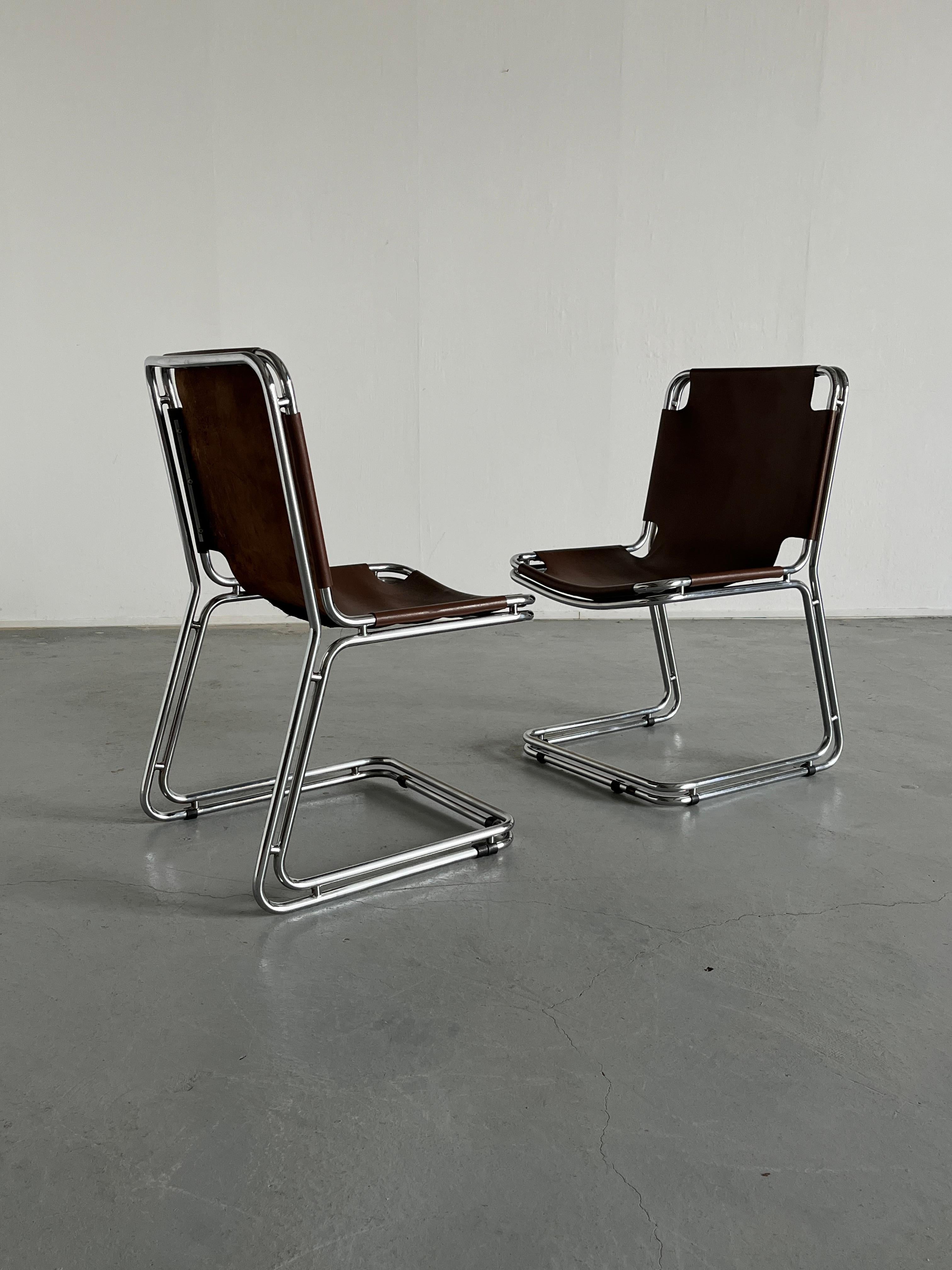 Pair of Saddle Leather and Chrome Cantilever Chairs in Style of Pascal Mourgue In Good Condition In Zagreb, HR