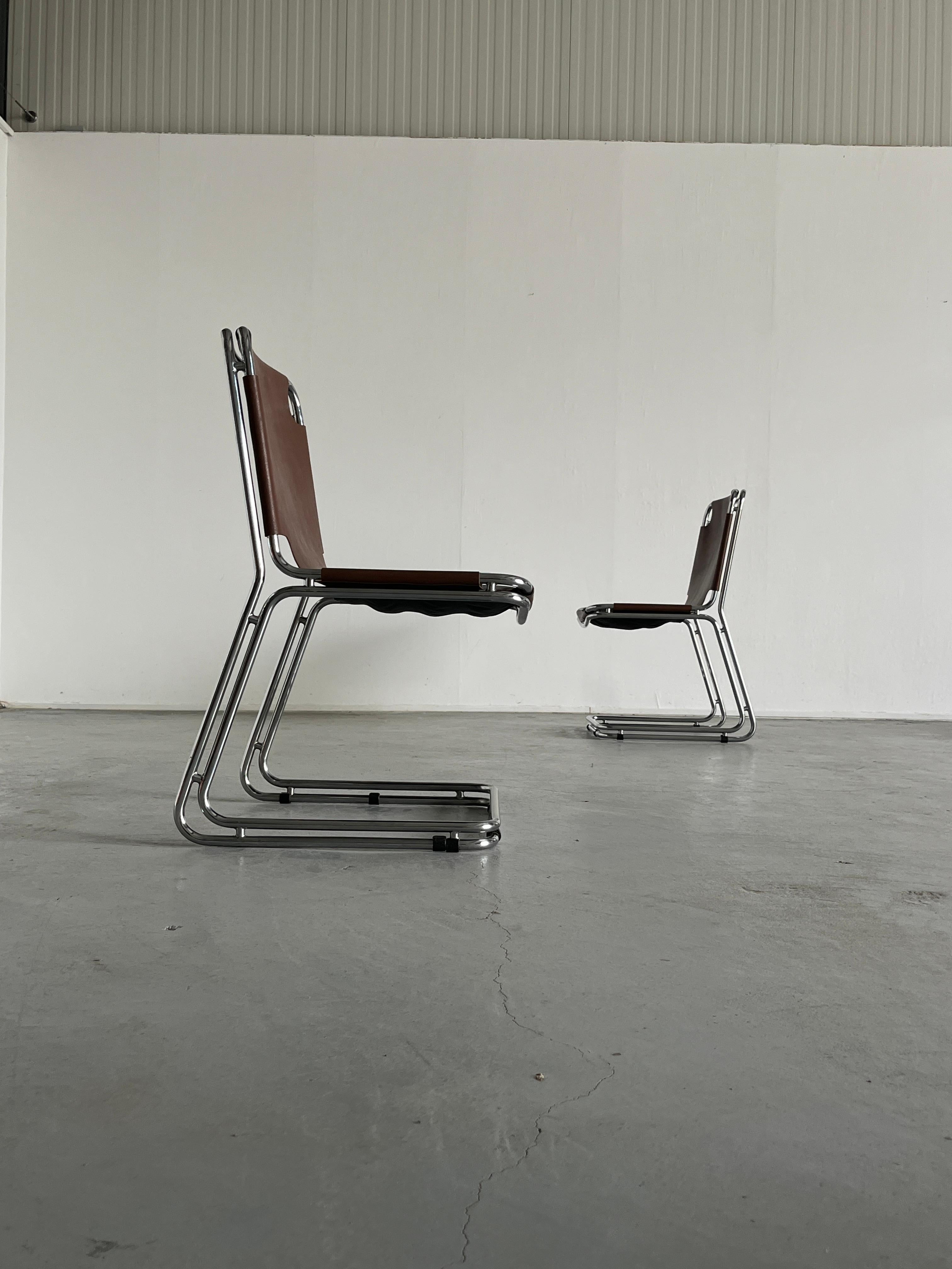 Late 20th Century Pair of Saddle Leather and Chrome Cantilever Chairs in Style of Pascal Mourgue