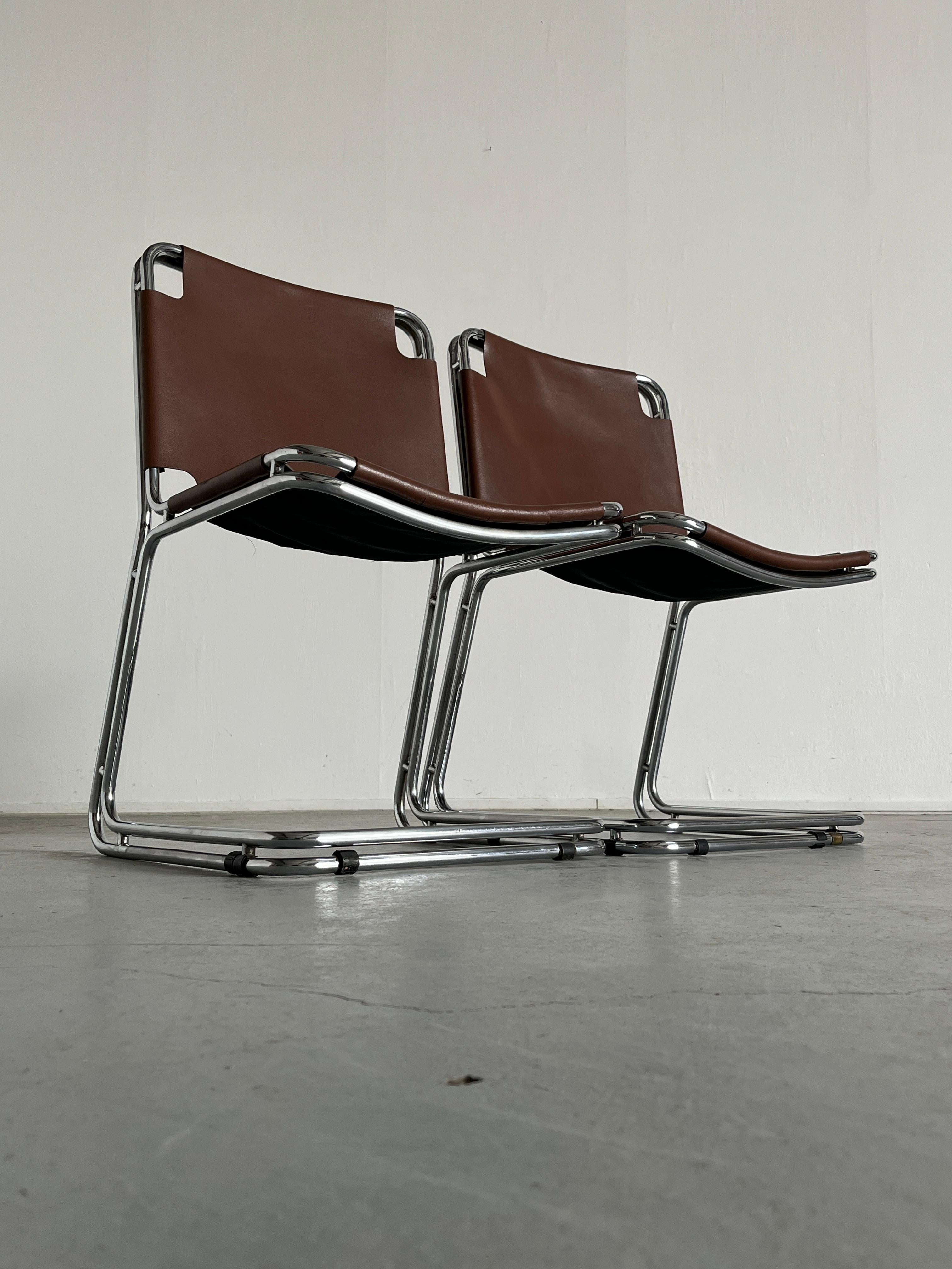 Pair of Saddle Leather and Chrome Cantilever Chairs in Style of Pascal Mourgue 1