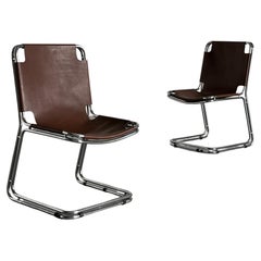 Pair of Saddle Leather and Chrome Cantilever Chairs in Style of Pascal Mourgue