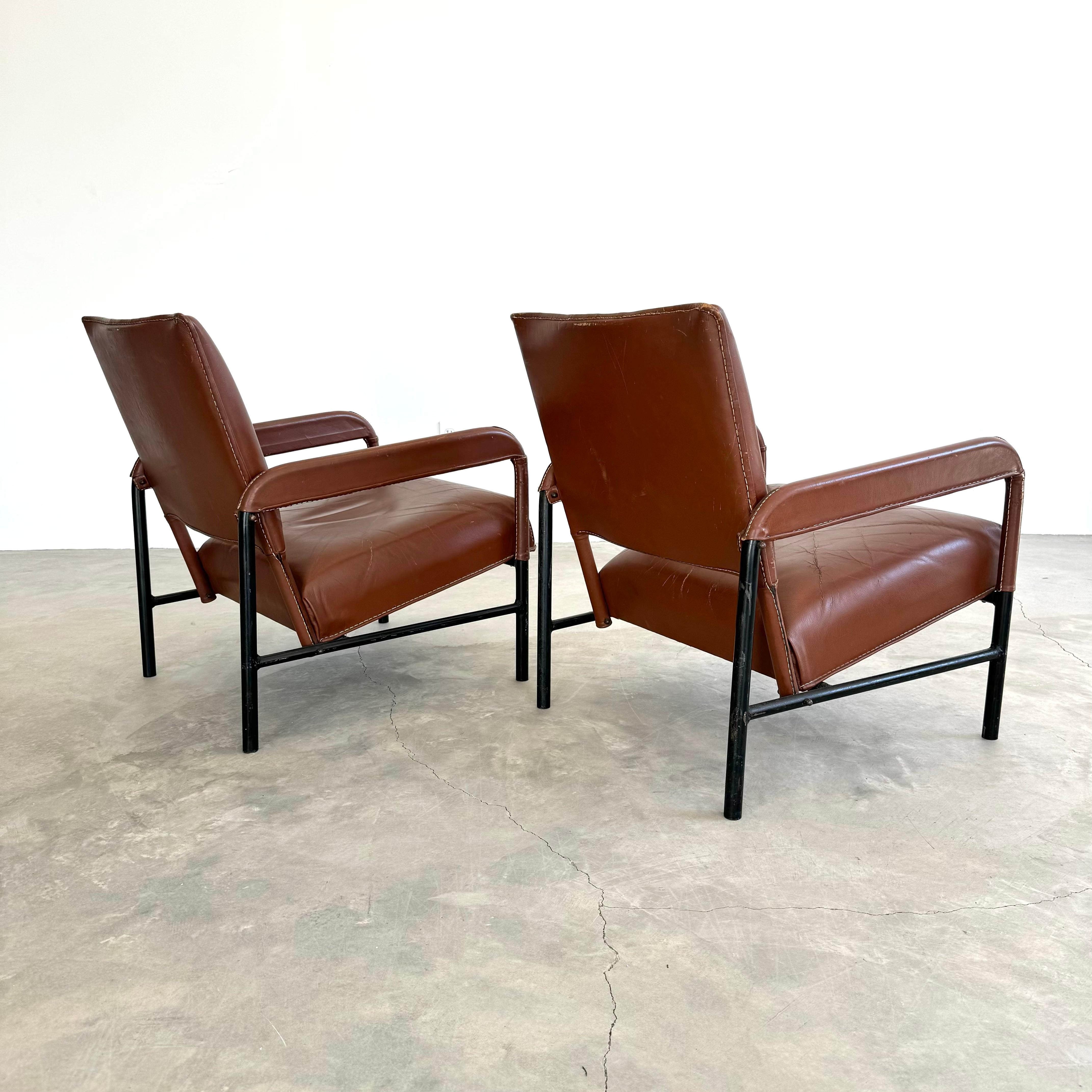 Pair of Saddle Leather and Iron Armchairs by Jacques Adnet, 1950s France For Sale 4