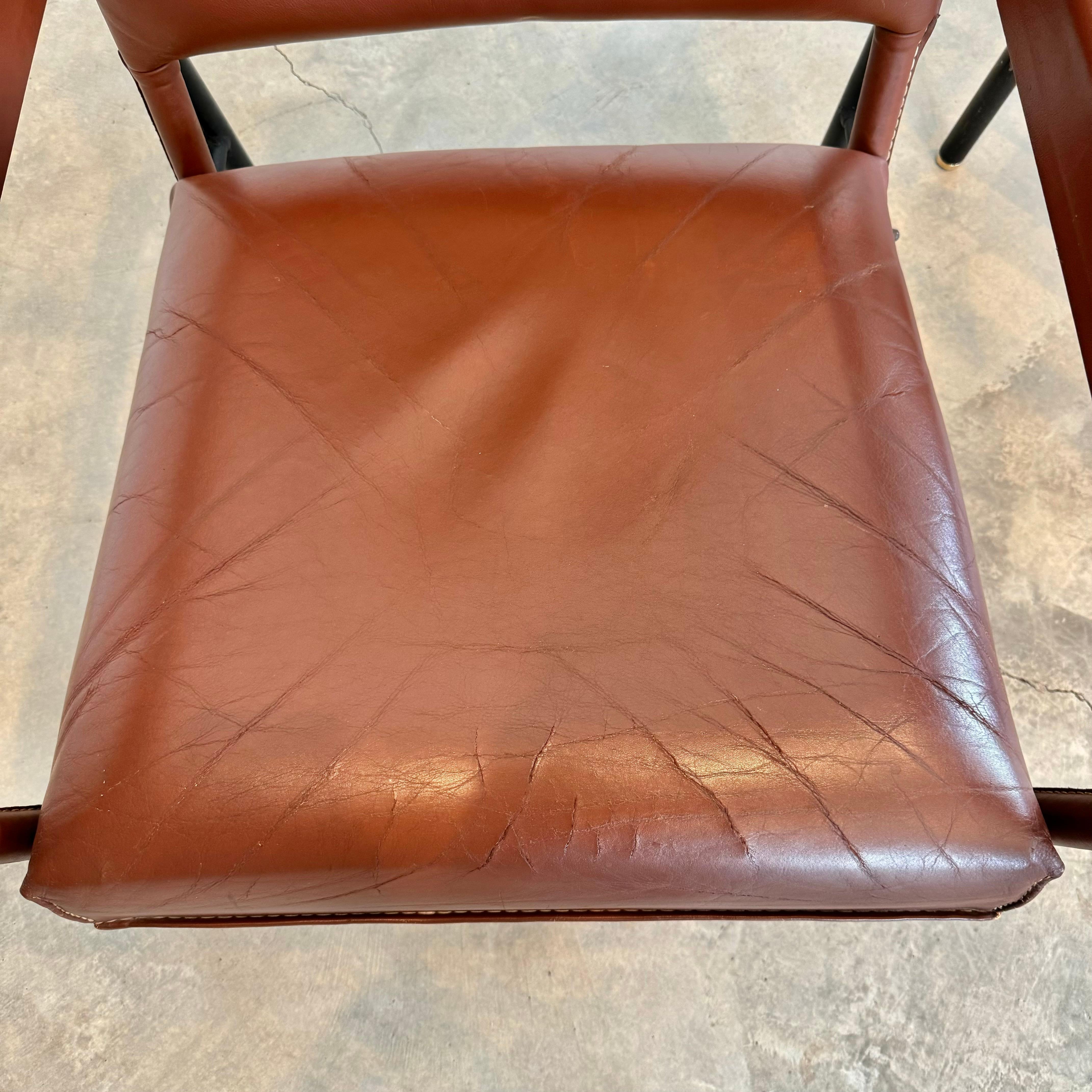 Pair of Saddle Leather and Iron Armchairs by Jacques Adnet, 1950s France For Sale 5