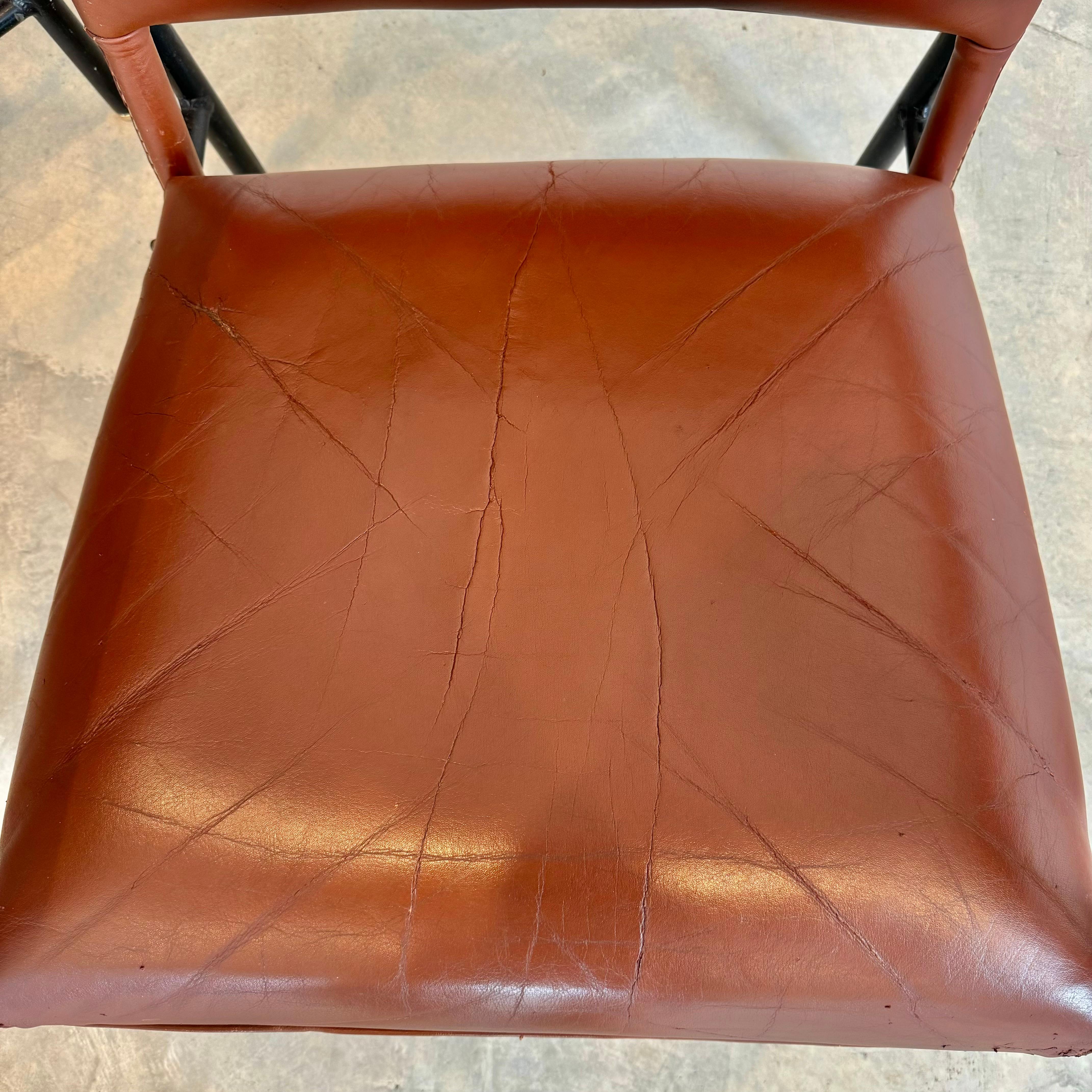 Pair of Saddle Leather and Iron Armchairs by Jacques Adnet, 1950s France For Sale 6