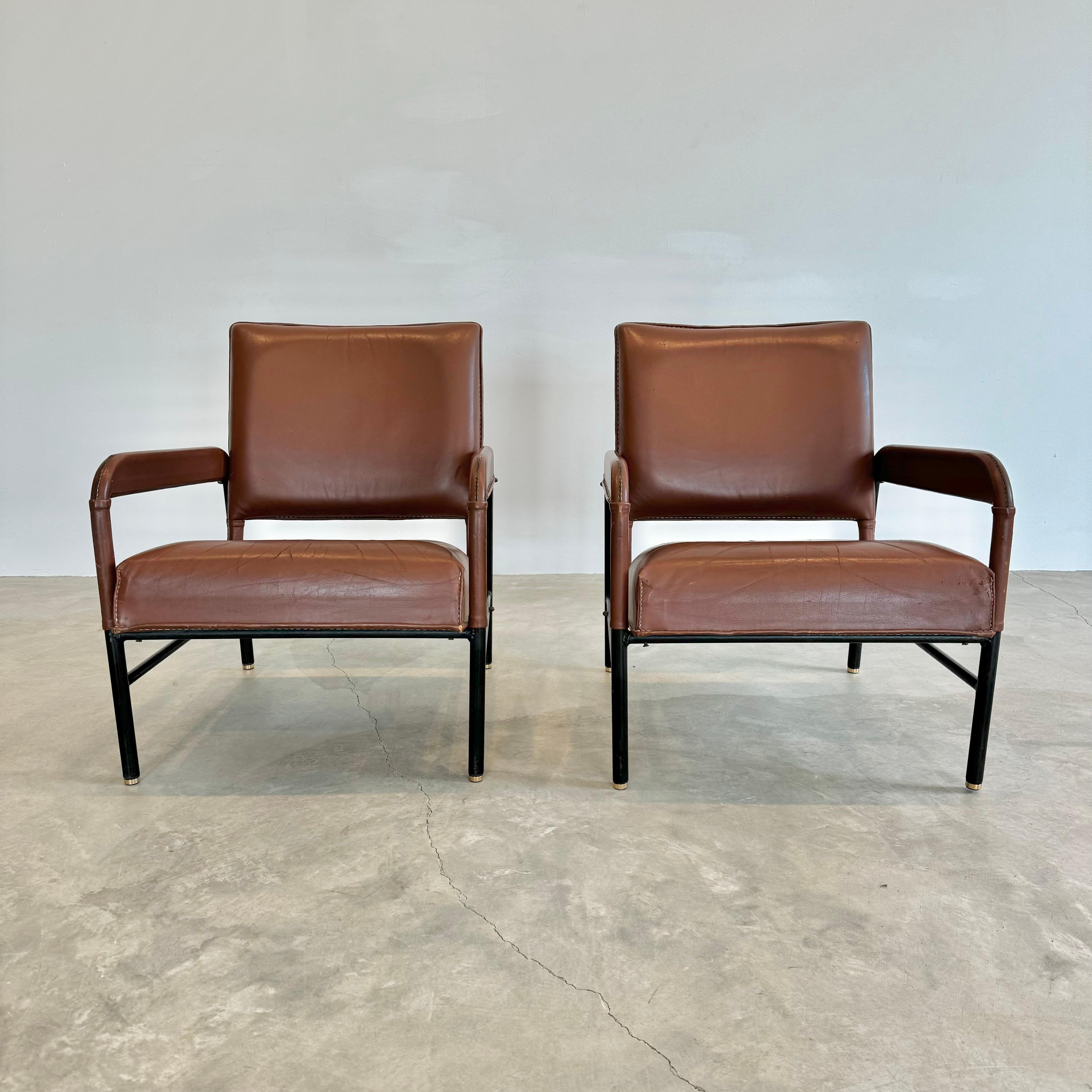 Pair of Saddle Leather and Iron Armchairs by Jacques Adnet, 1950s France For Sale 7