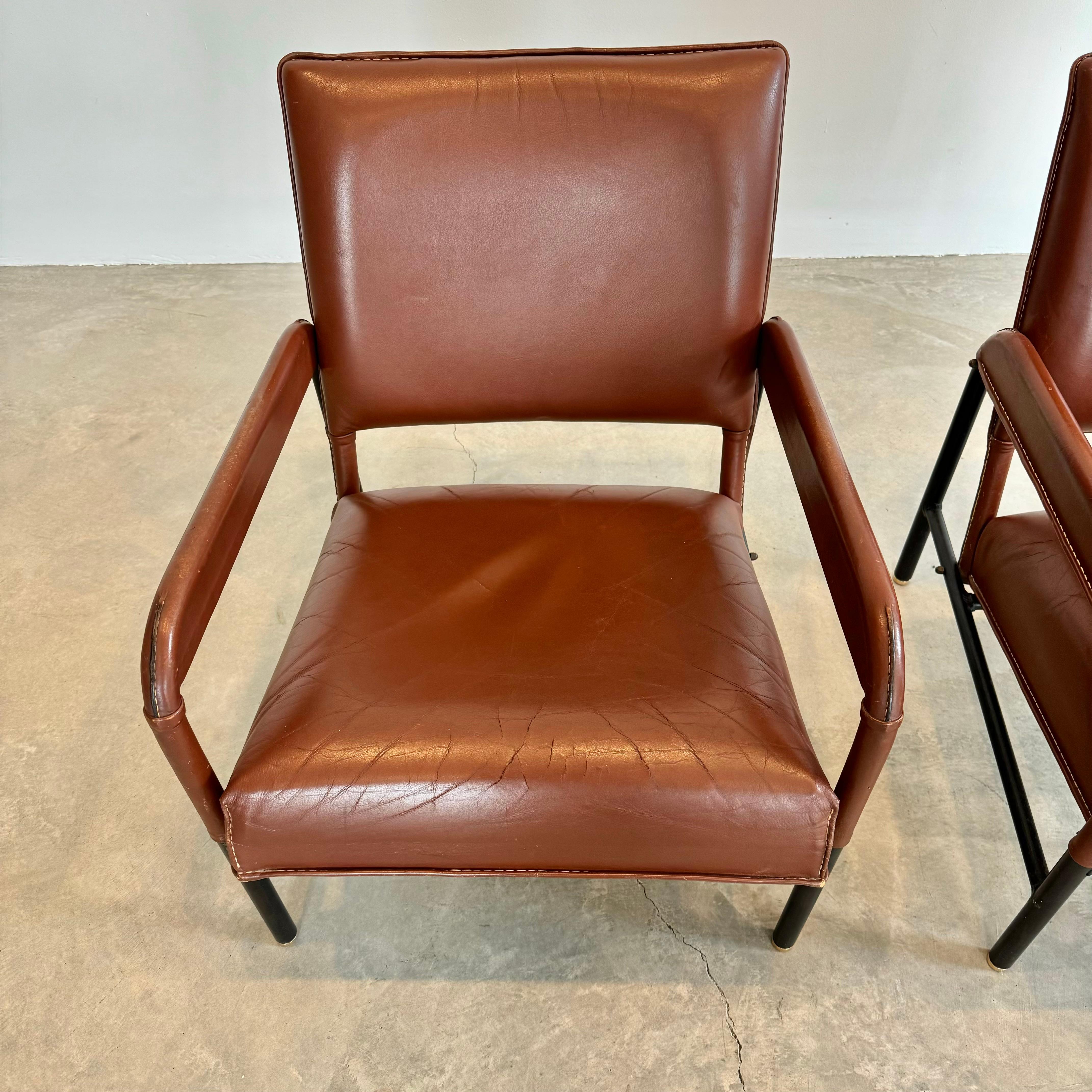 Pair of Saddle Leather and Iron Armchairs by Jacques Adnet, 1950s France For Sale 9