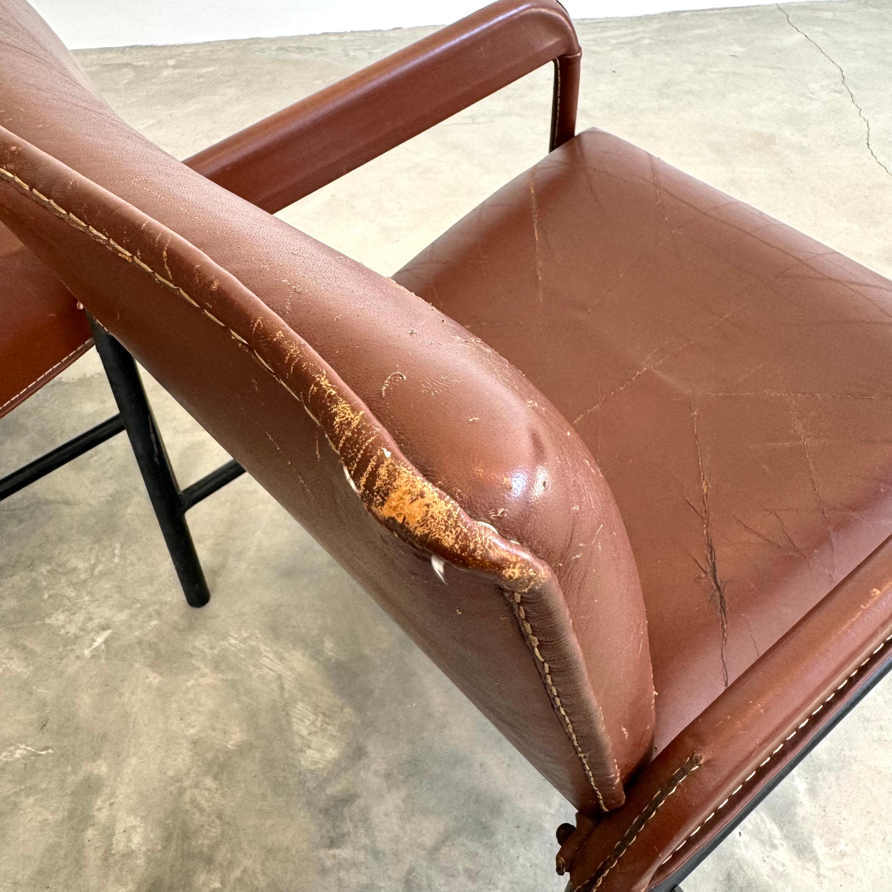 Pair of Saddle Leather and Iron Armchairs by Jacques Adnet, 1950s France For Sale 9
