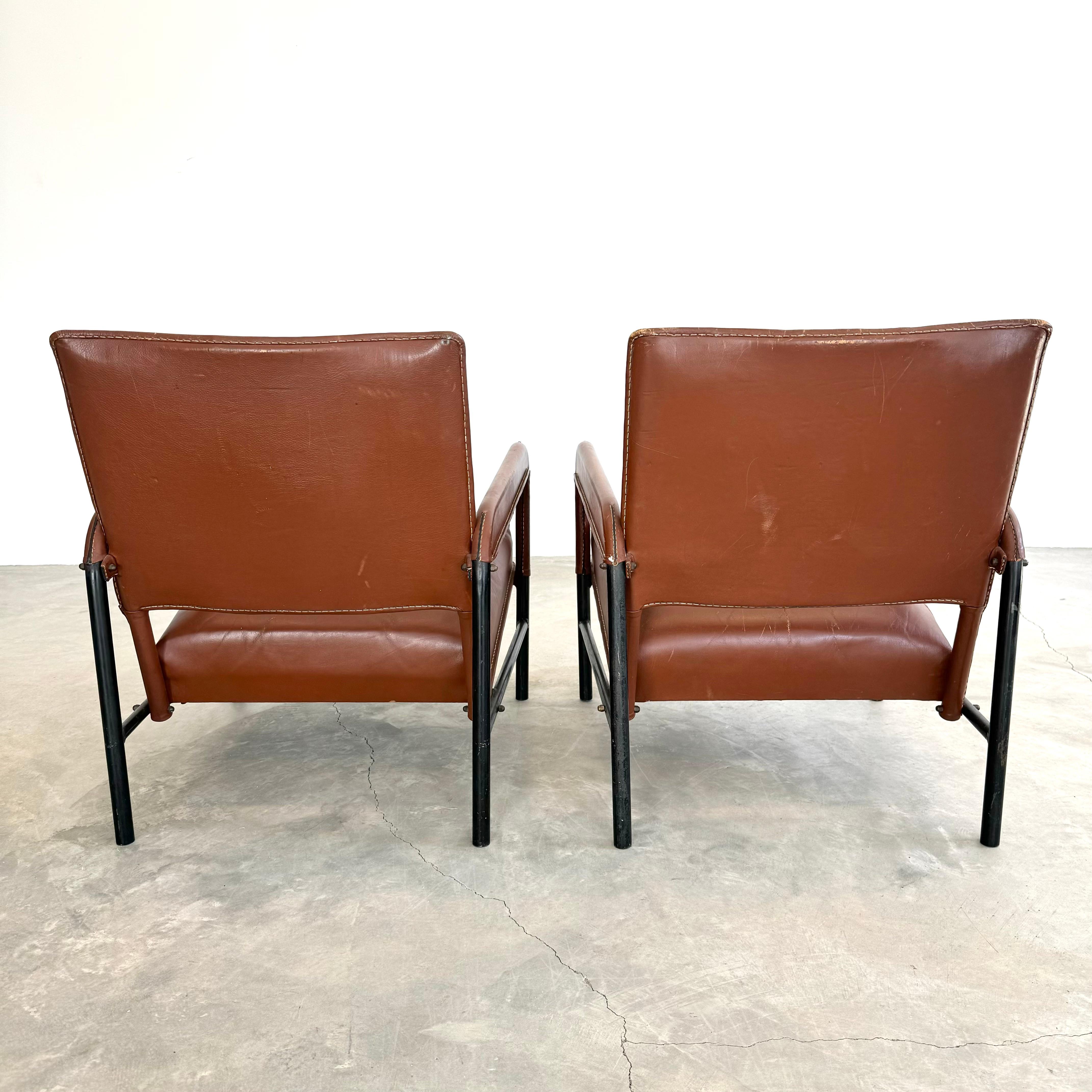 Pair of Saddle Leather and Iron Armchairs by Jacques Adnet, 1950s France For Sale 10