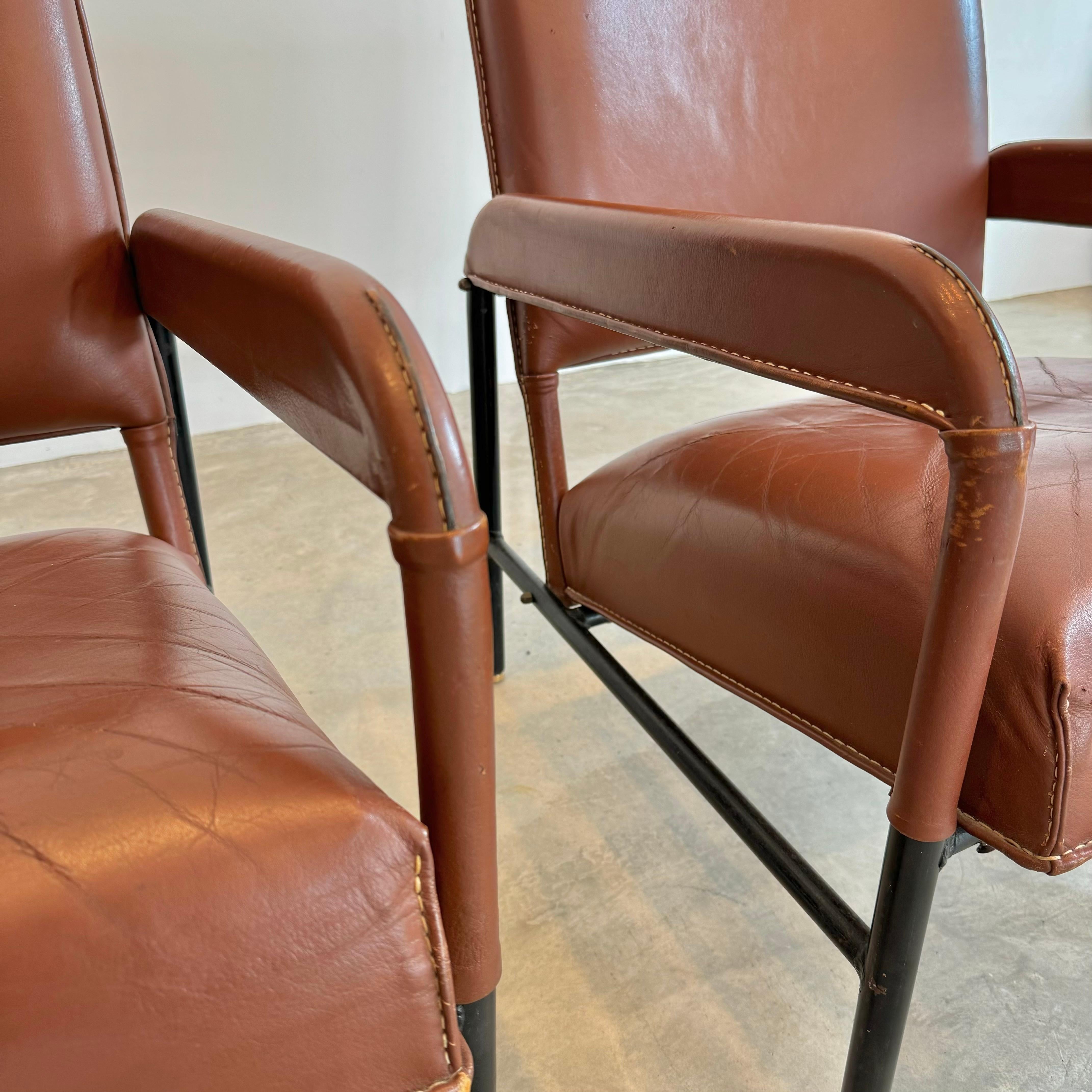 Pair of Saddle Leather and Iron Armchairs by Jacques Adnet, 1950s France For Sale 11