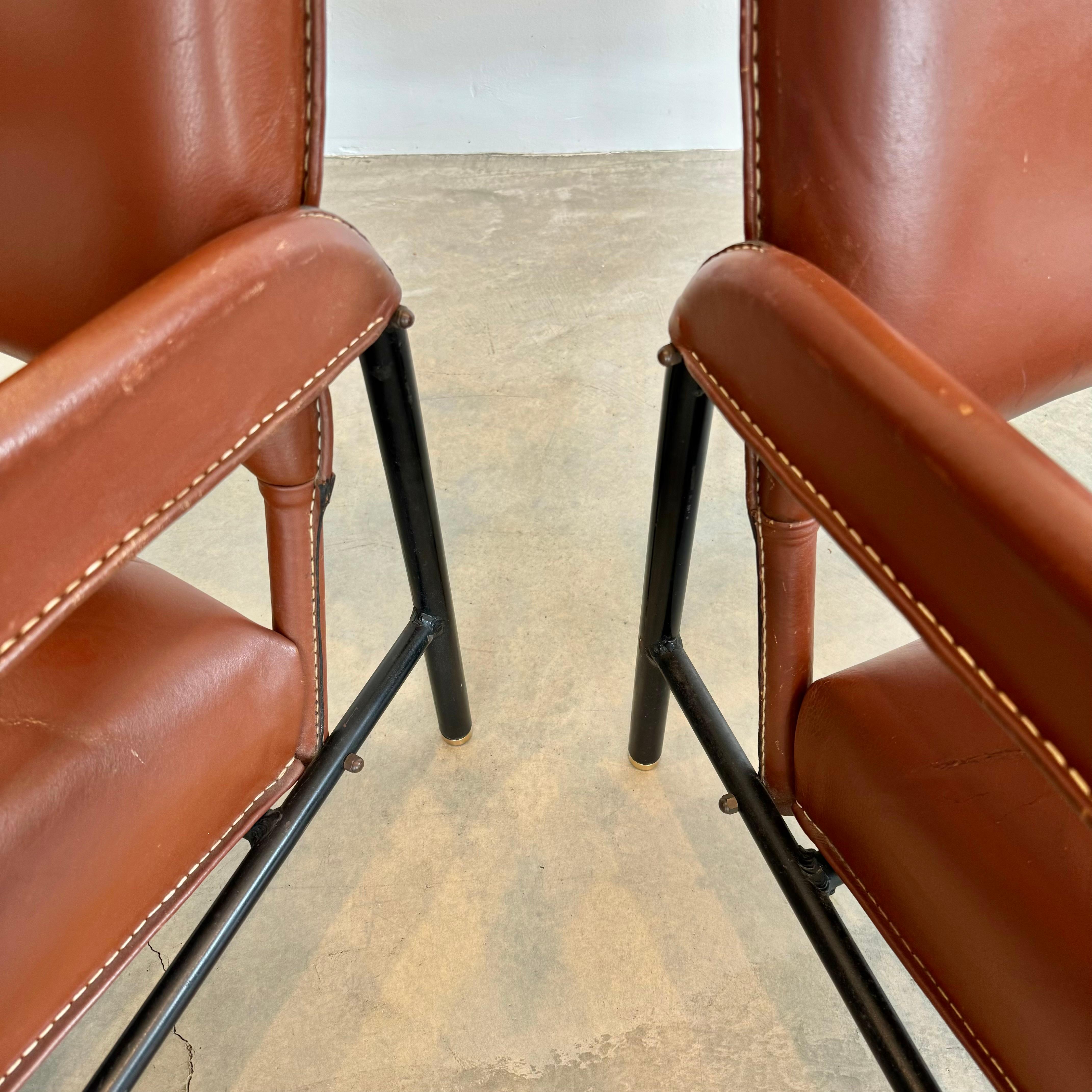 Pair of Saddle Leather and Iron Armchairs by Jacques Adnet, 1950s France For Sale 12