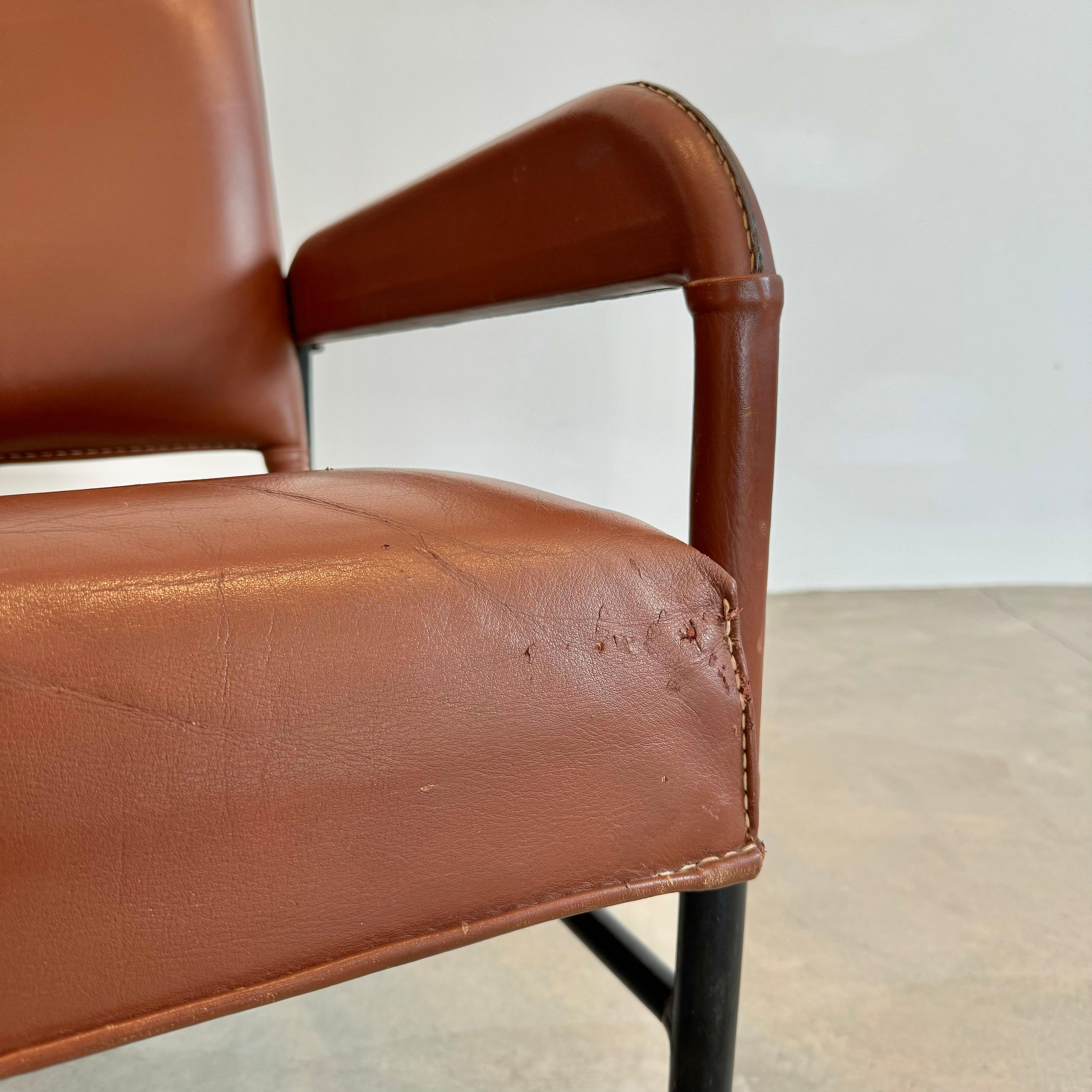 Pair of Saddle Leather and Iron Armchairs by Jacques Adnet, 1950s France For Sale 13