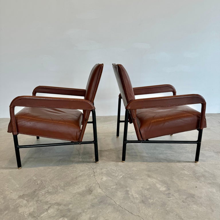 Pair of Saddle Leather and Iron Armchairs by Jacques Adnet, 1950s