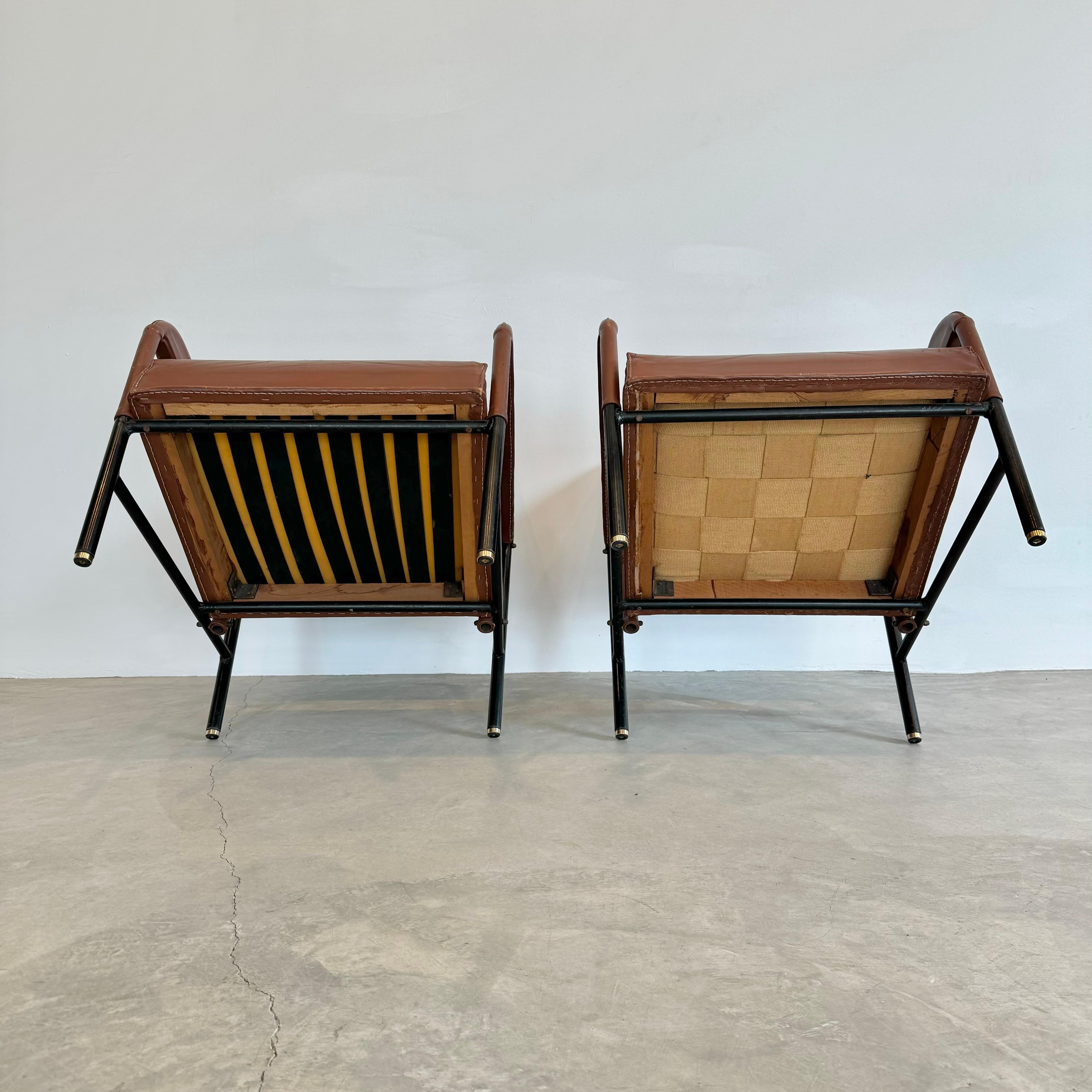 Pair of Saddle Leather and Iron Armchairs by Jacques Adnet, 1950s France For Sale 14