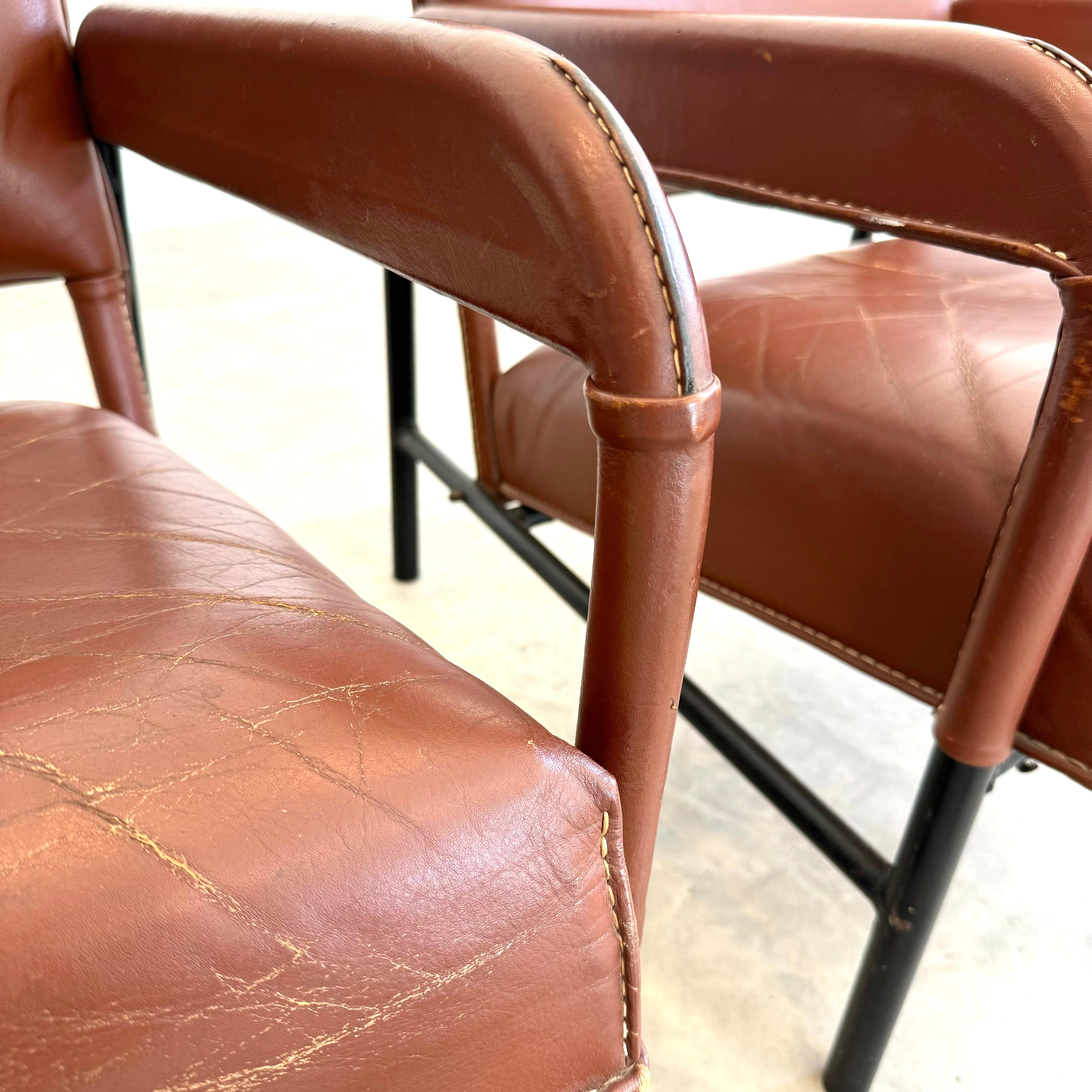 French Pair of Saddle Leather and Iron Armchairs by Jacques Adnet, 1950s France For Sale