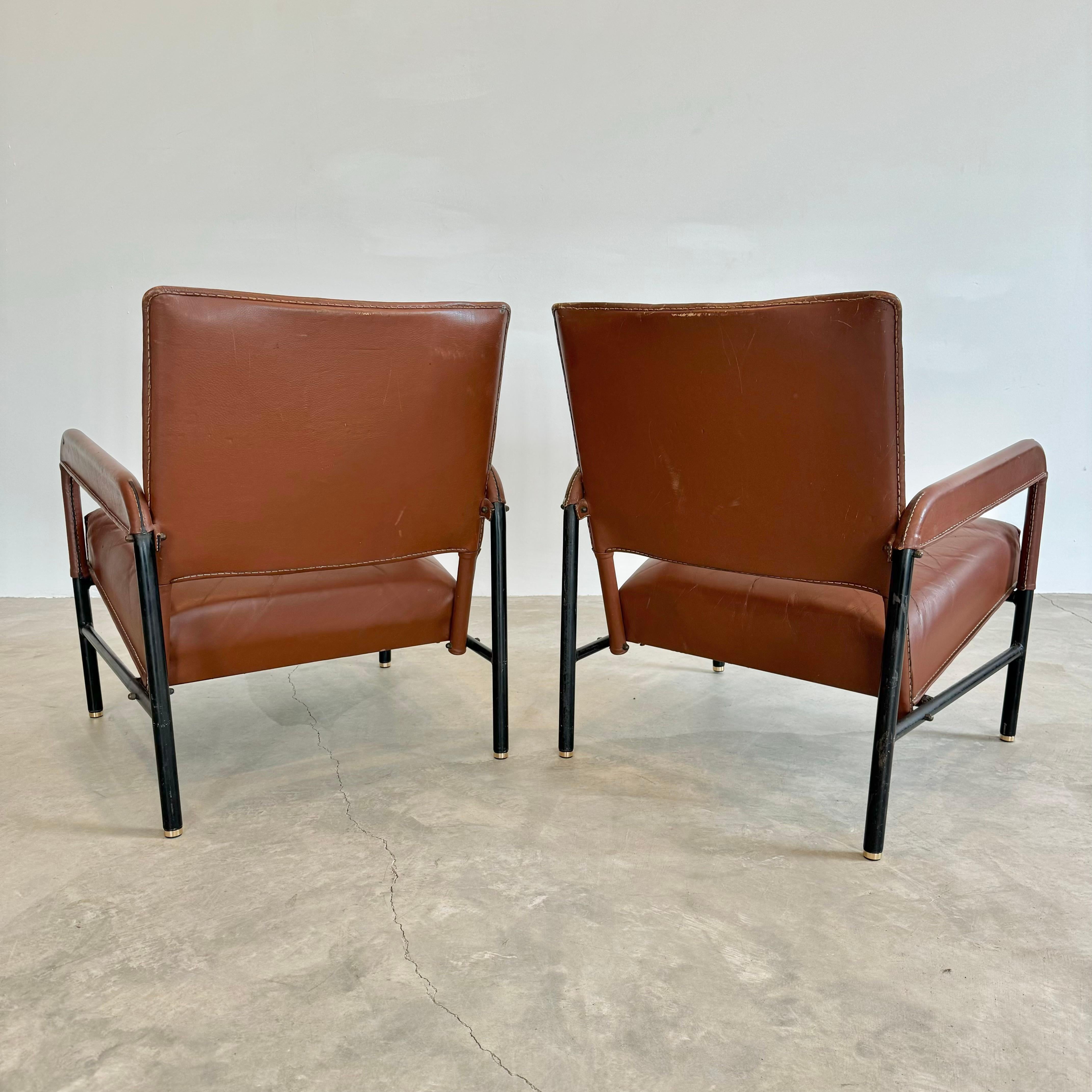 French Pair of Saddle Leather and Iron Armchairs by Jacques Adnet, 1950s France For Sale
