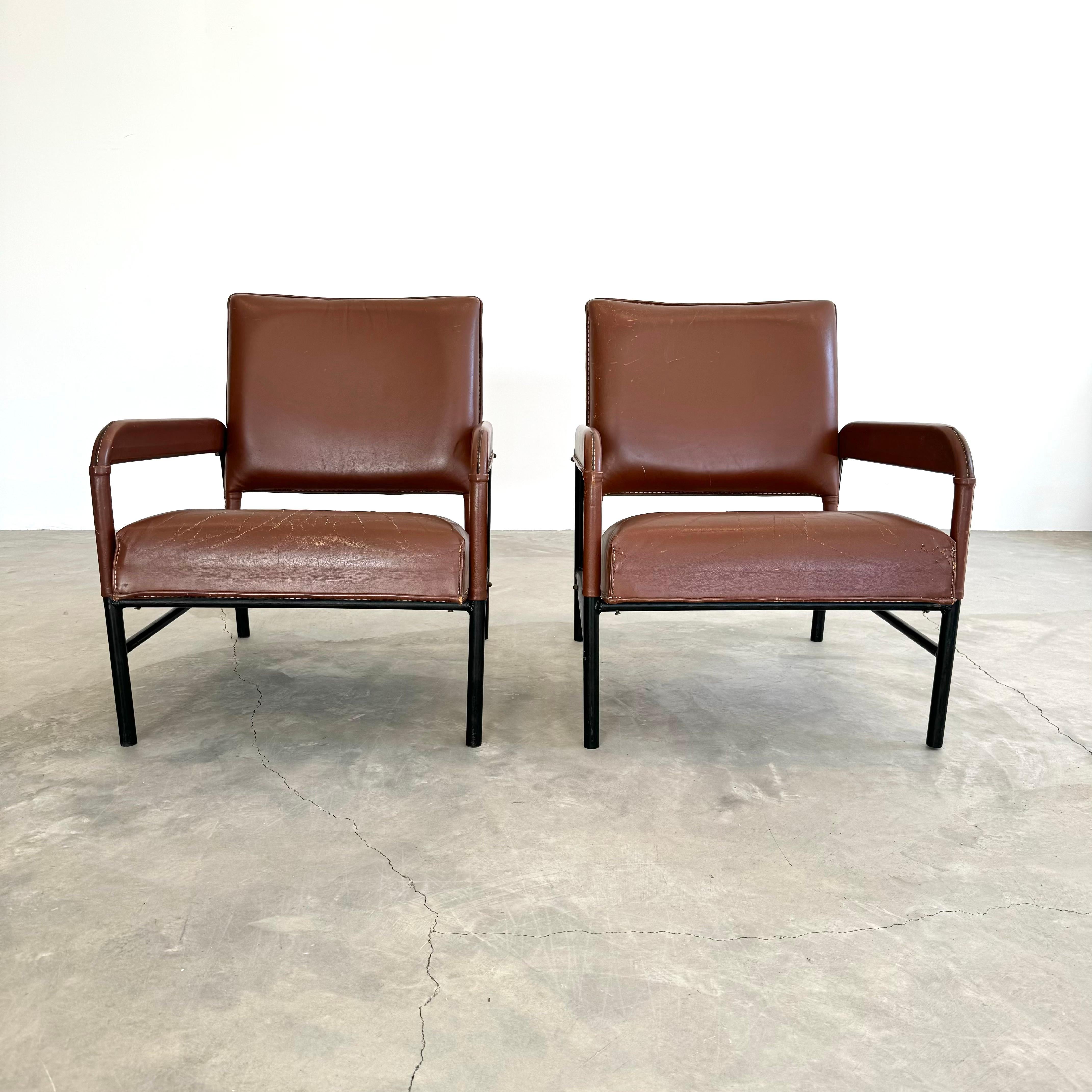 Pair of Saddle Leather and Iron Armchairs by Jacques Adnet, 1950s France In Good Condition For Sale In Los Angeles, CA