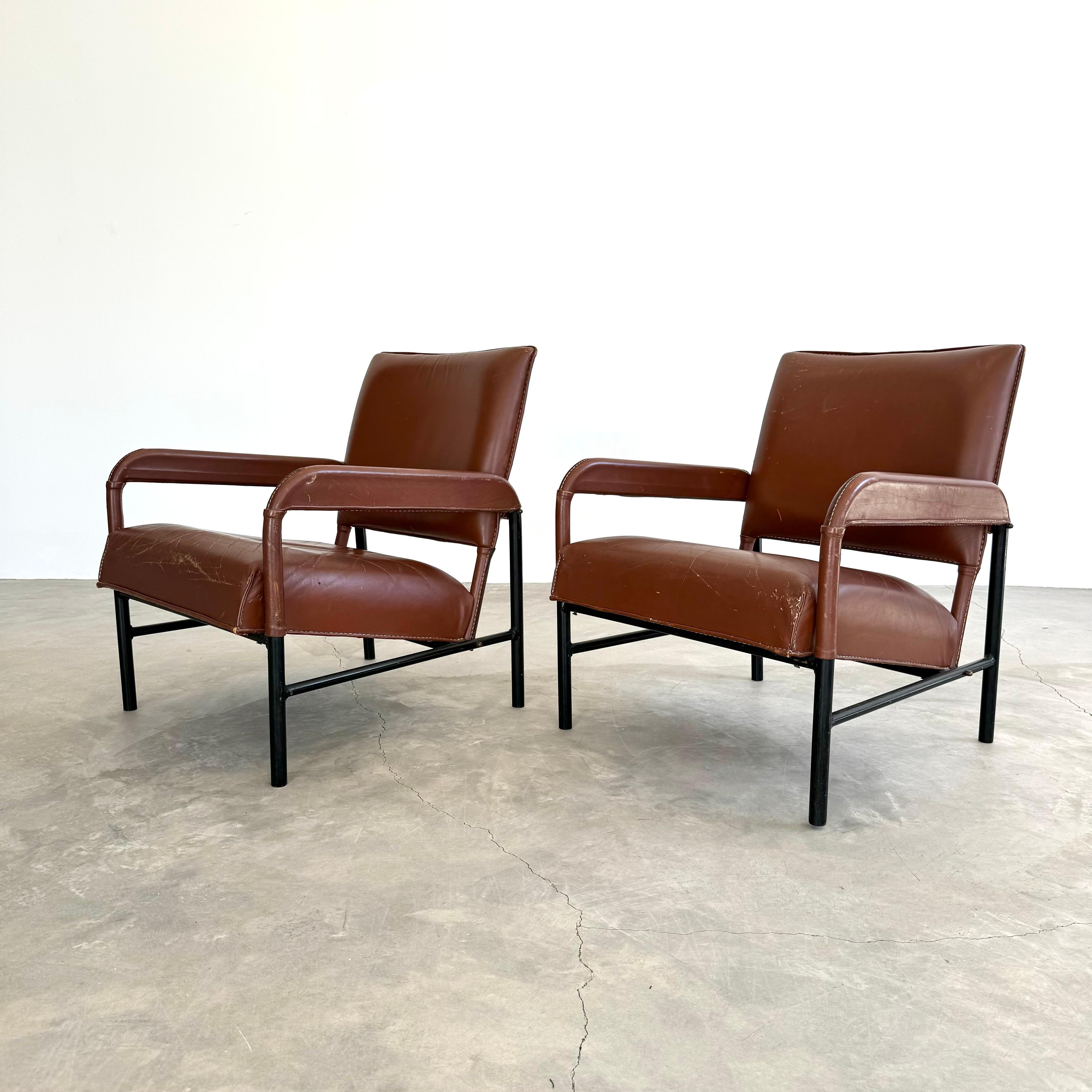 Brass Pair of Saddle Leather and Iron Armchairs by Jacques Adnet, 1950s France For Sale