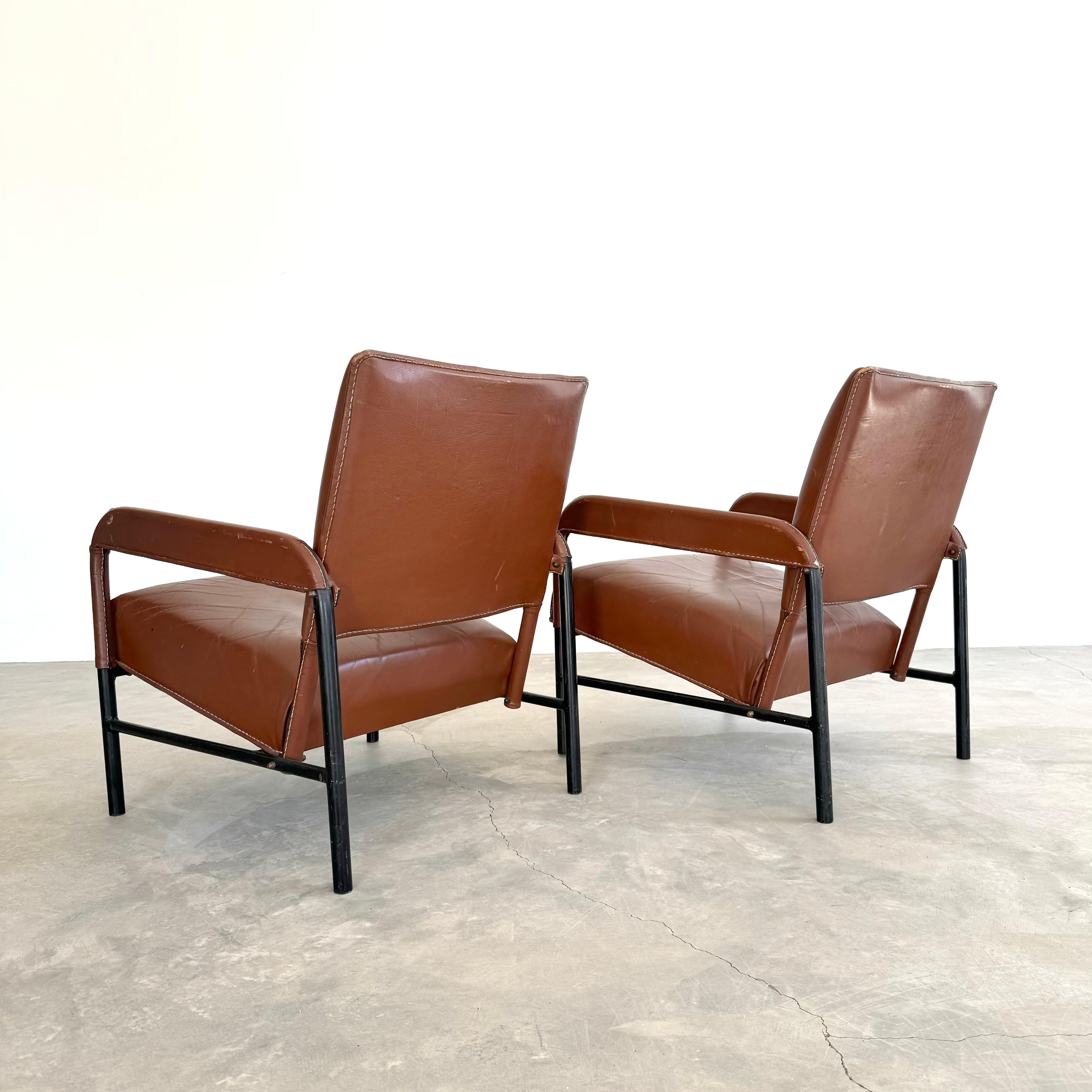 Pair of Saddle Leather and Iron Armchairs by Jacques Adnet, 1950s France For Sale 1