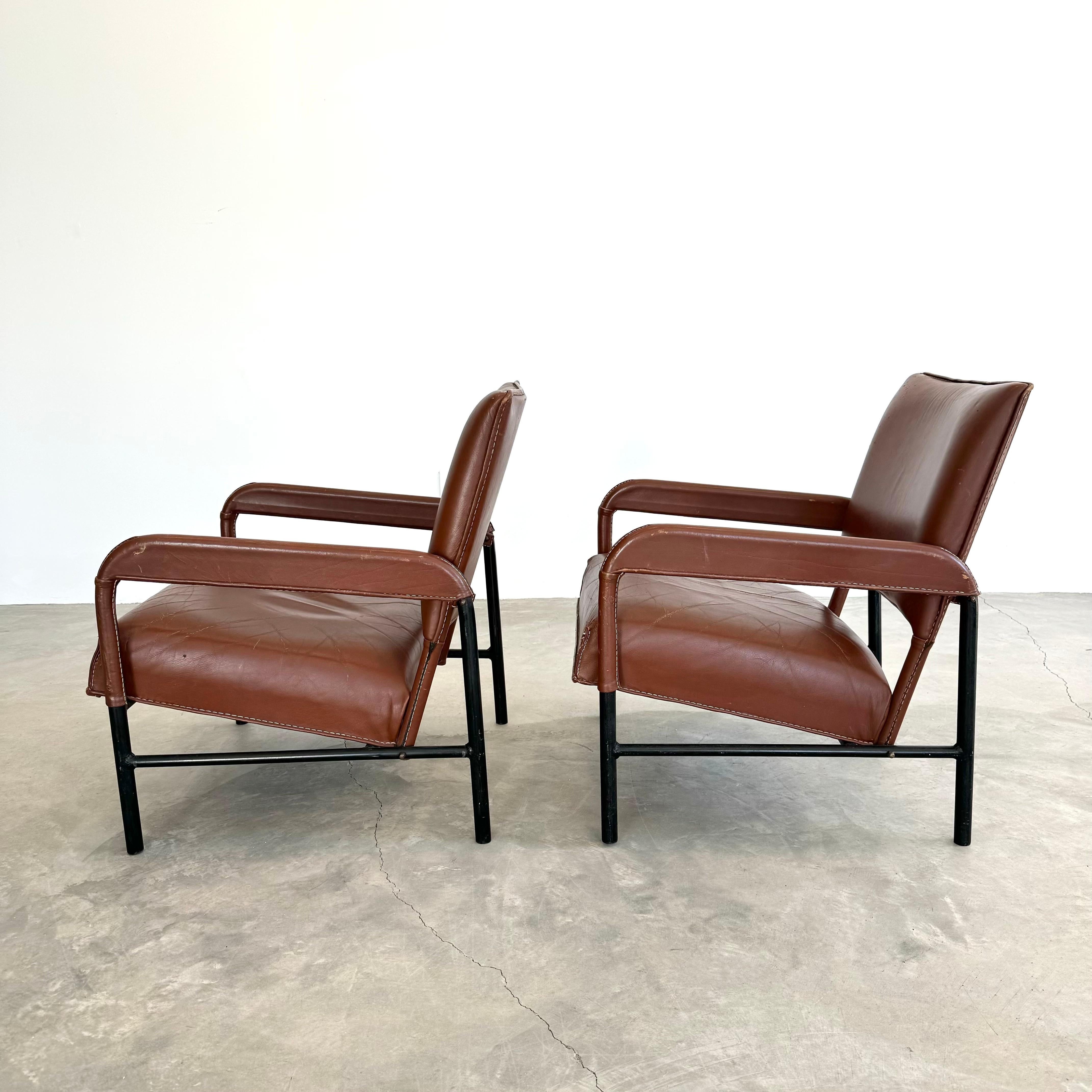 Pair of Saddle Leather and Iron Armchairs by Jacques Adnet, 1950s France For Sale 2