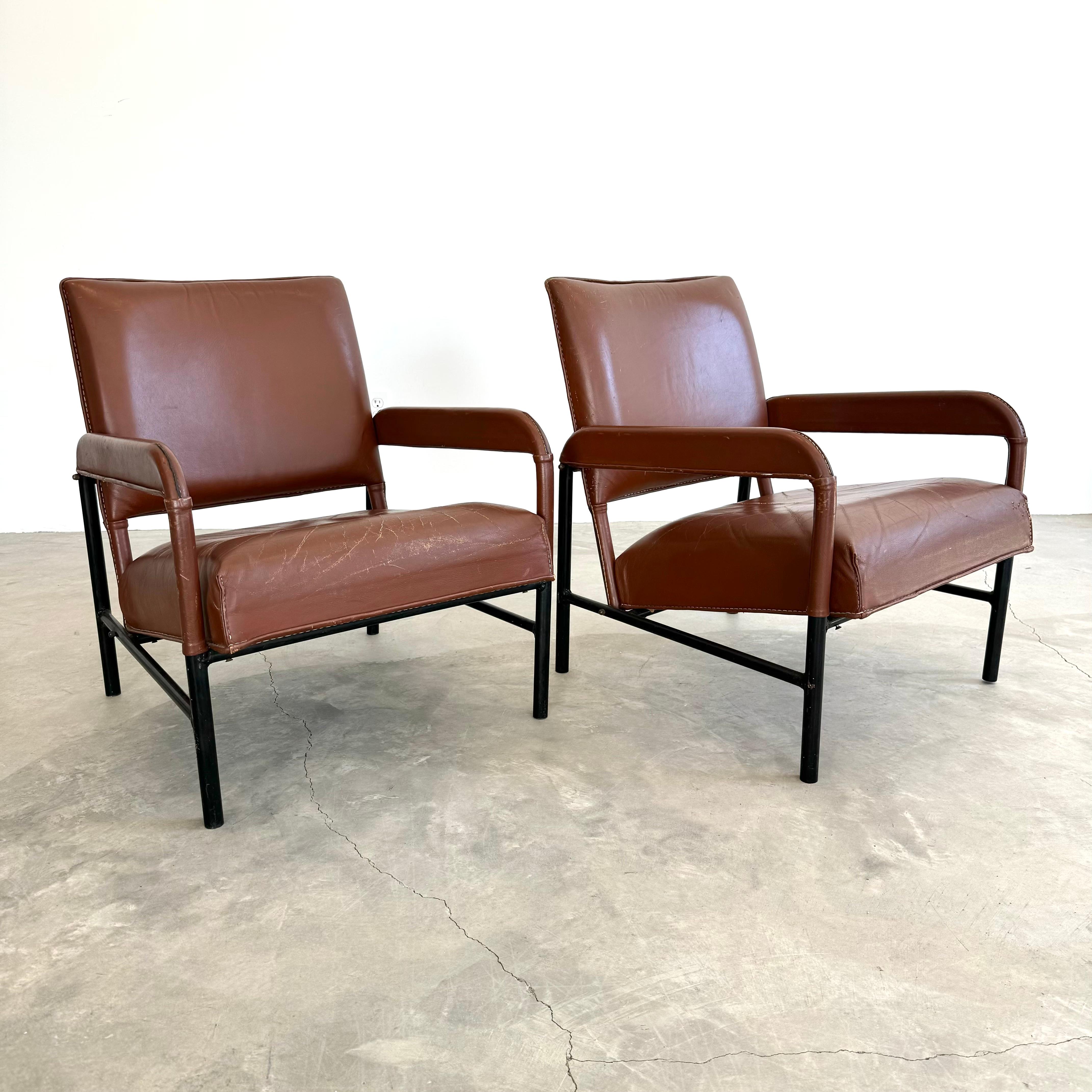 Pair of Saddle Leather and Iron Armchairs by Jacques Adnet, 1950s France For Sale 3