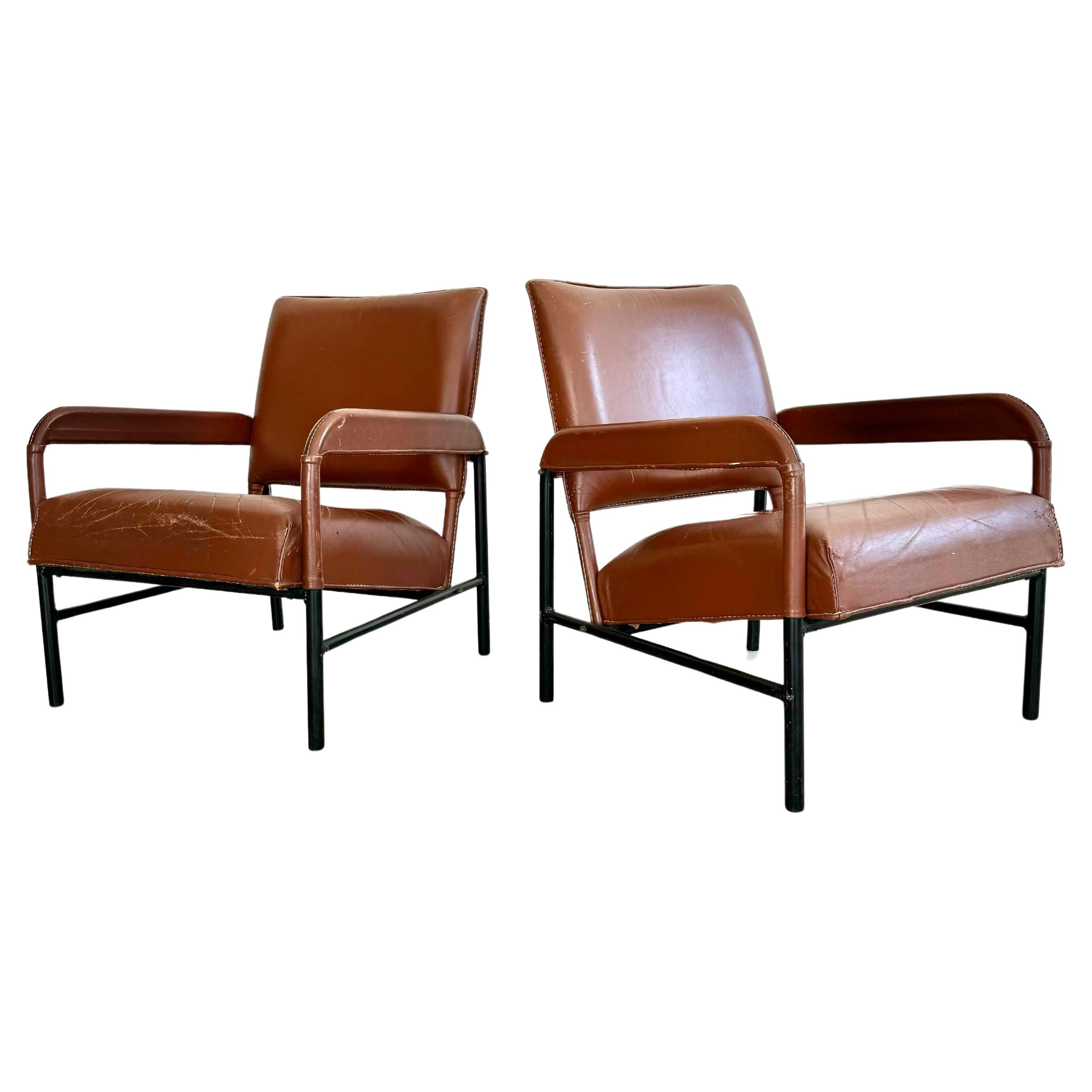 Pair of Saddle Leather and Iron Armchairs by Jacques Adnet, 1950s France