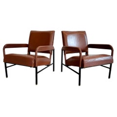 Vintage Pair of Saddle Leather and Iron Armchairs by Jacques Adnet, 1950s France