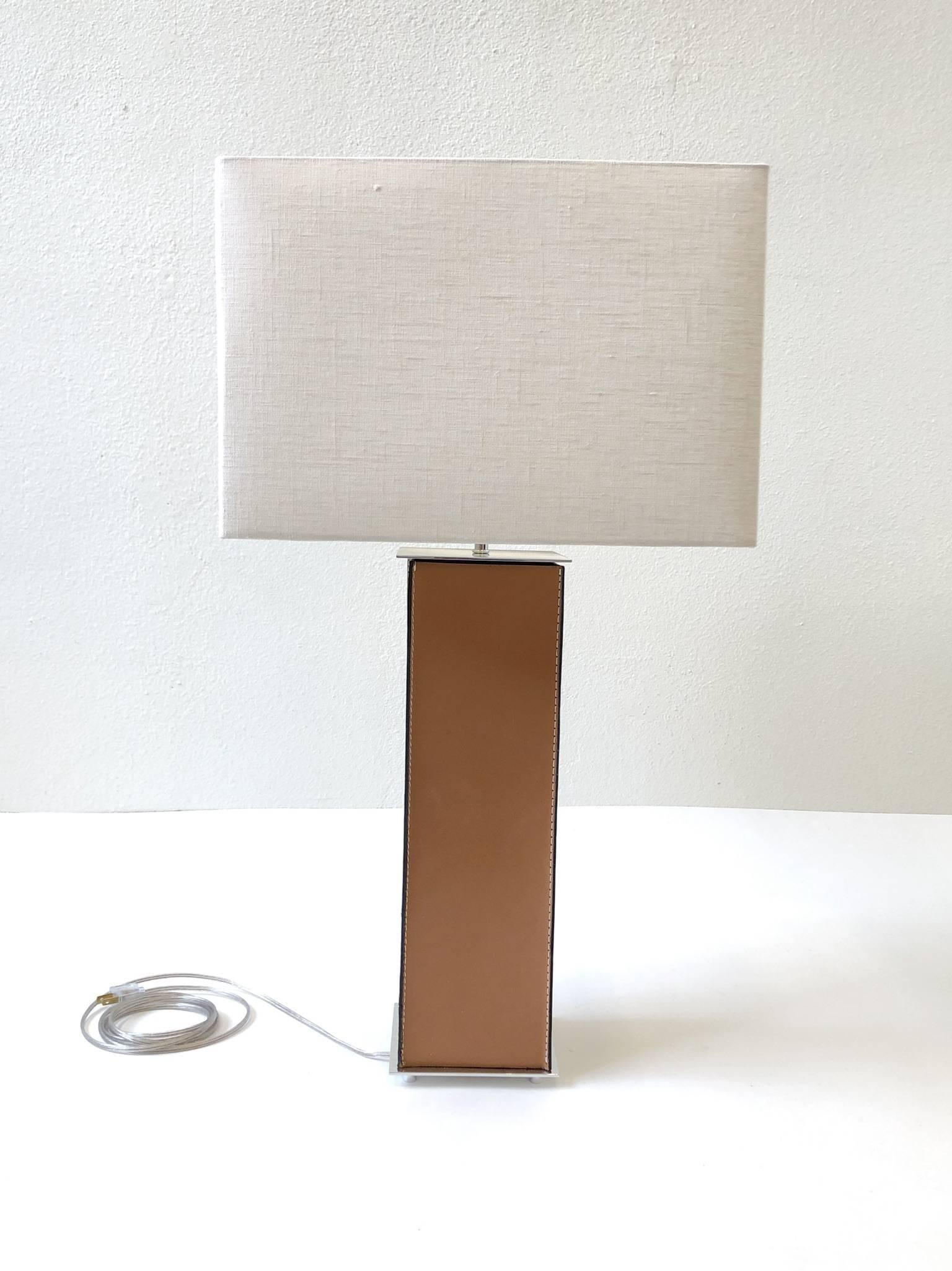 Nickel Pair of Saddle Stitch Leather Table Lamps by Laurel