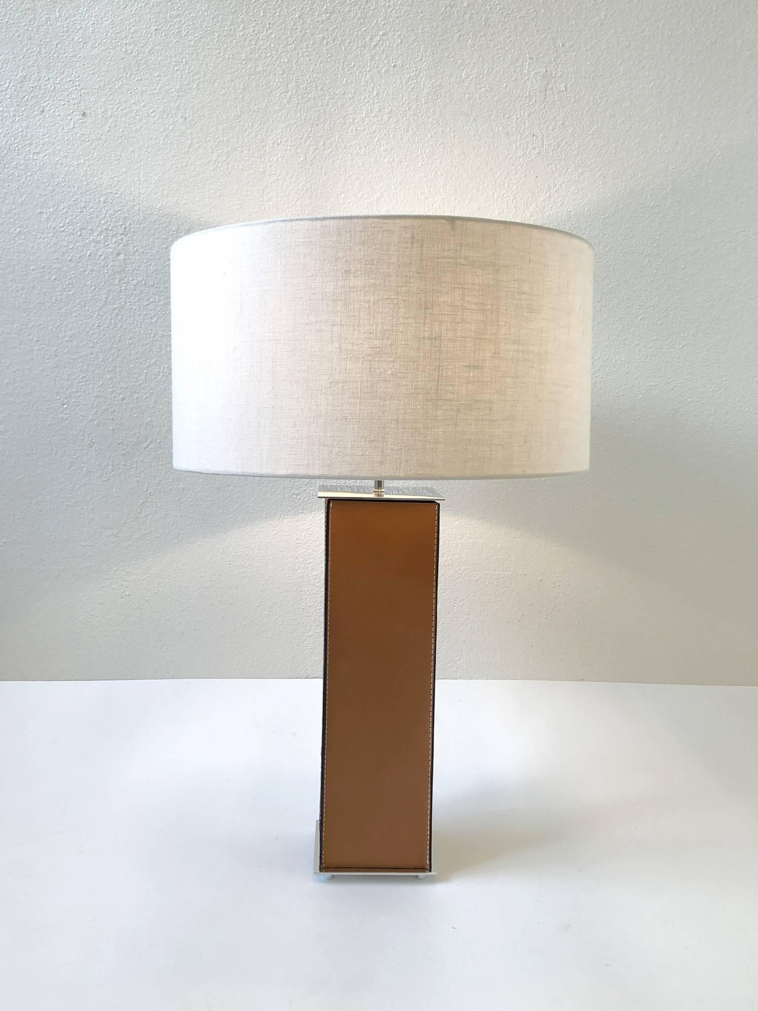 Pair of Saddle Stitch Leather Table Lamps by Laurel 1