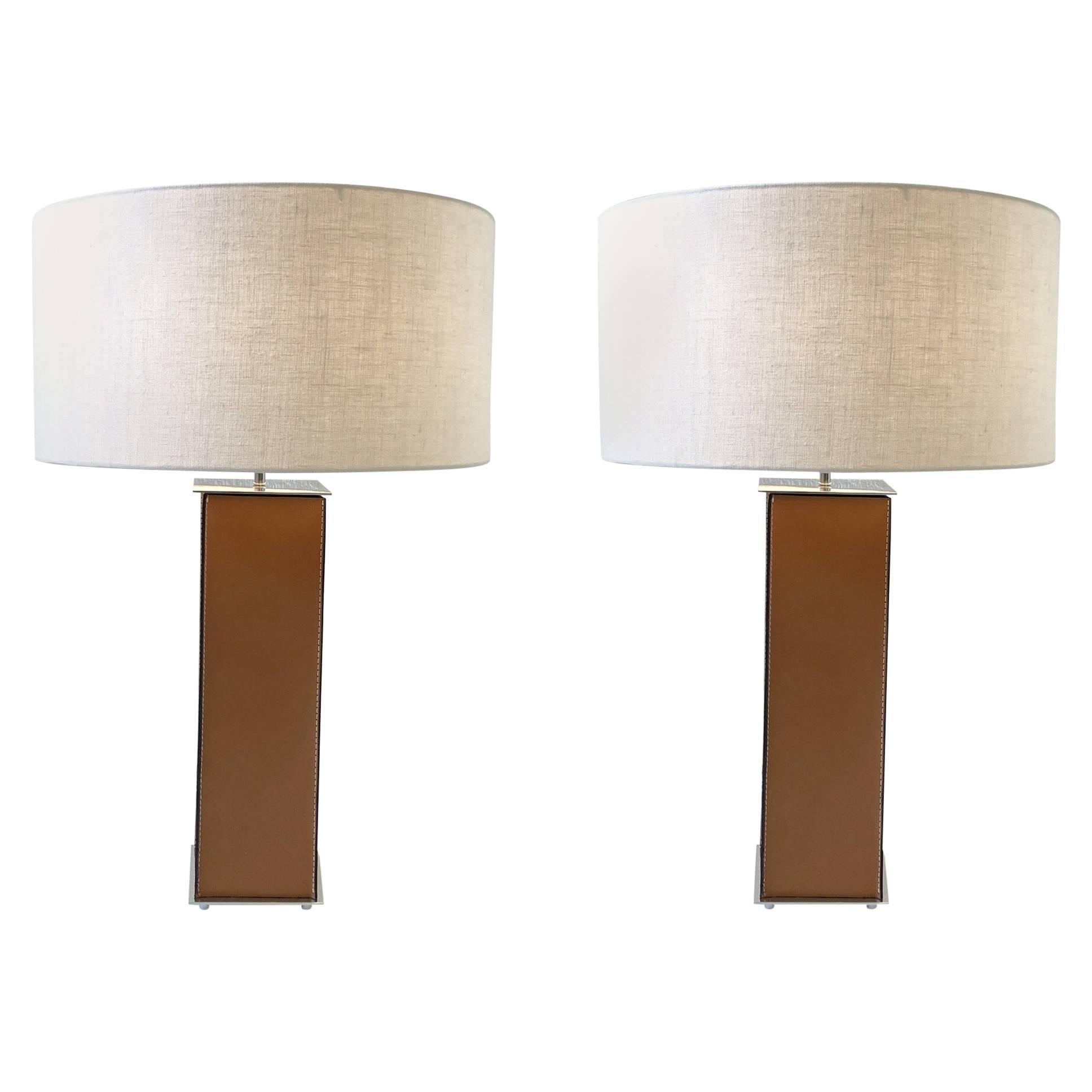 Pair of Saddle Stitch Leather Table Lamps by Laurel