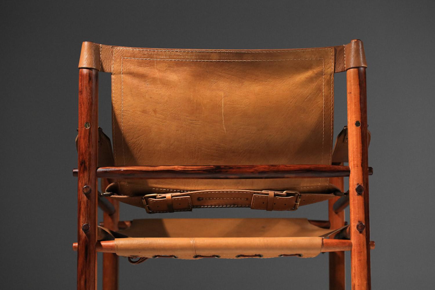Pair of safari armchairs by Arne Norell in patinated leather and solid wood 7