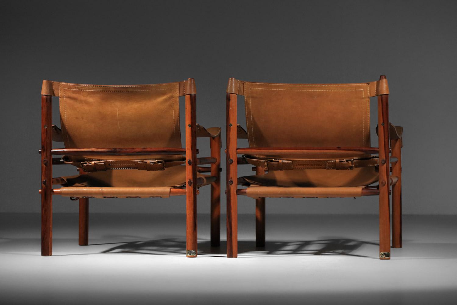 Pair of safari armchairs by Arne Norell in patinated leather and solid wood 8
