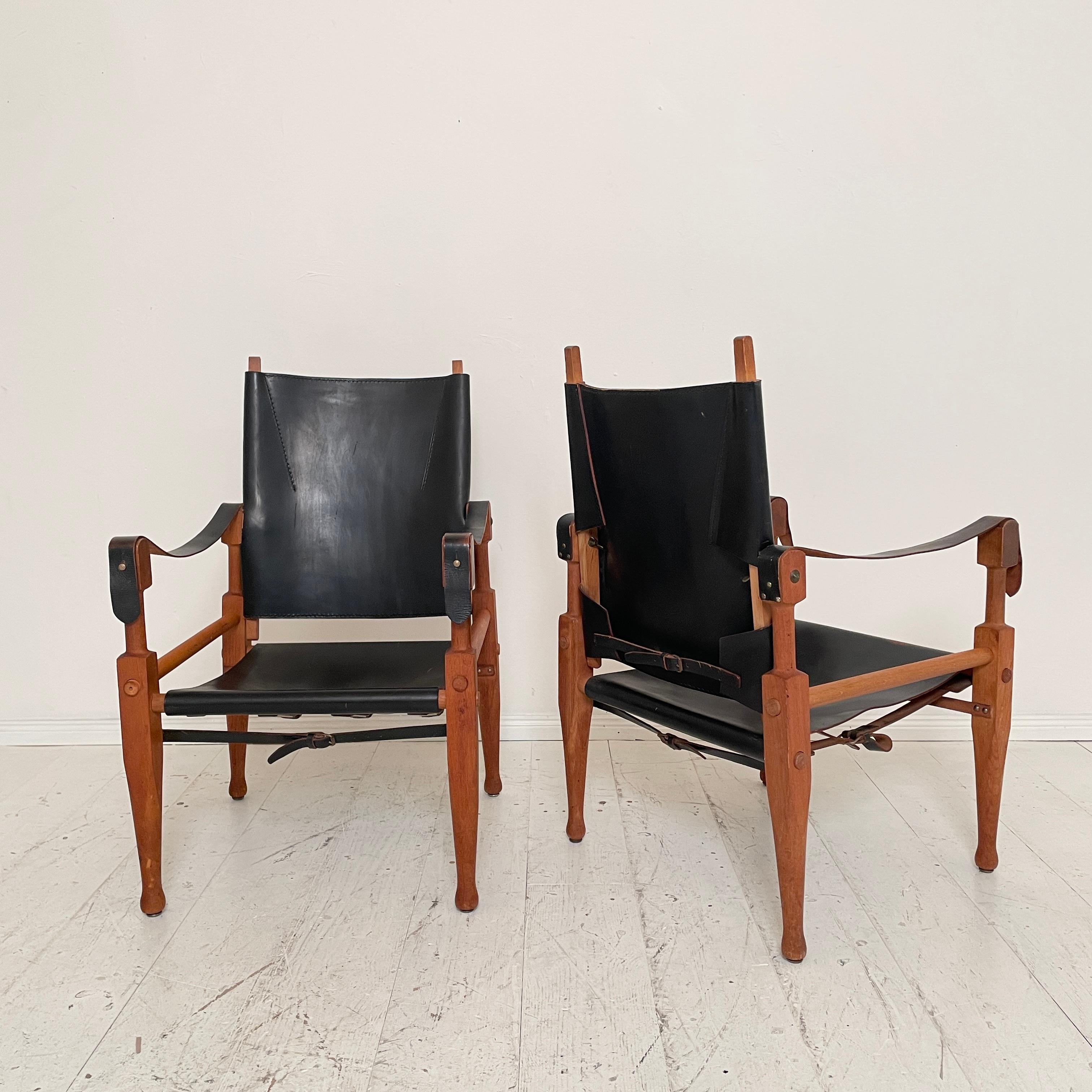 Pair of Safari Armchairs by Wilhelm Kienzle in Black Leather and Oak, 1950s 4