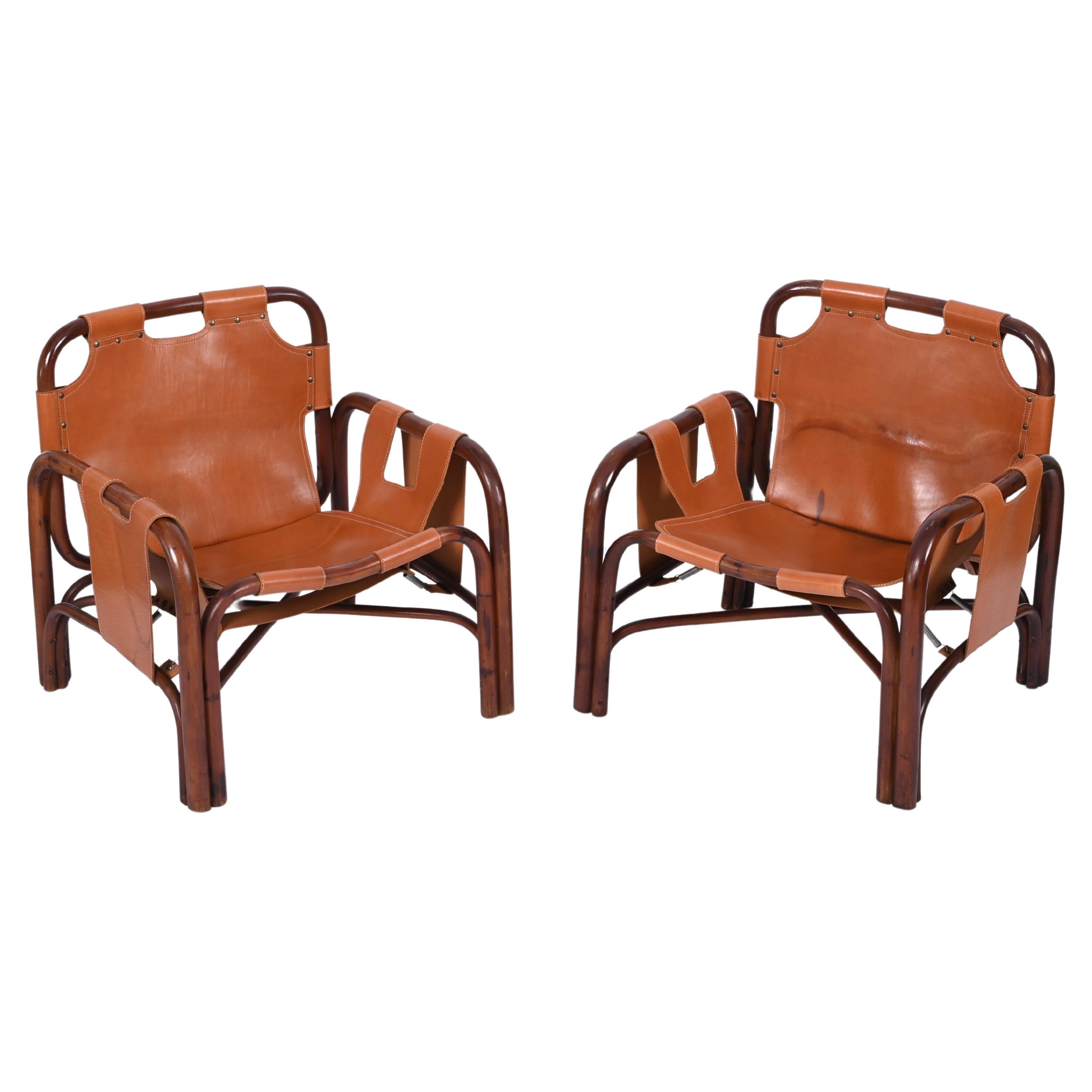 Pair of "Safari" Armchairs in Rattan and Leather by Tito Agnoli, Italy 1960s For Sale