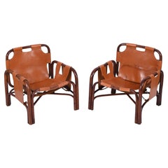 Used Pair of "Safari" Armchairs in Rattan and Leather by Tito Agnoli, Italy 1960s