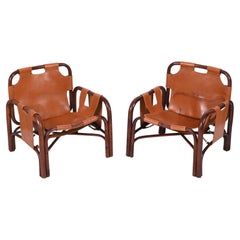 Paire de fauteuils Safari en rotin et cuir de Tito Agnoli, Italie, années 1960