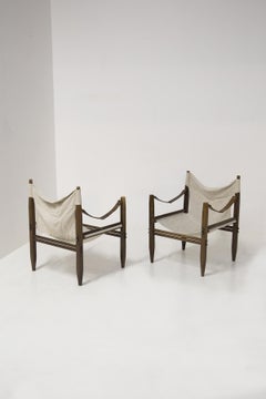 Pair of Safari Armchairs in Wood and Beige Fabric